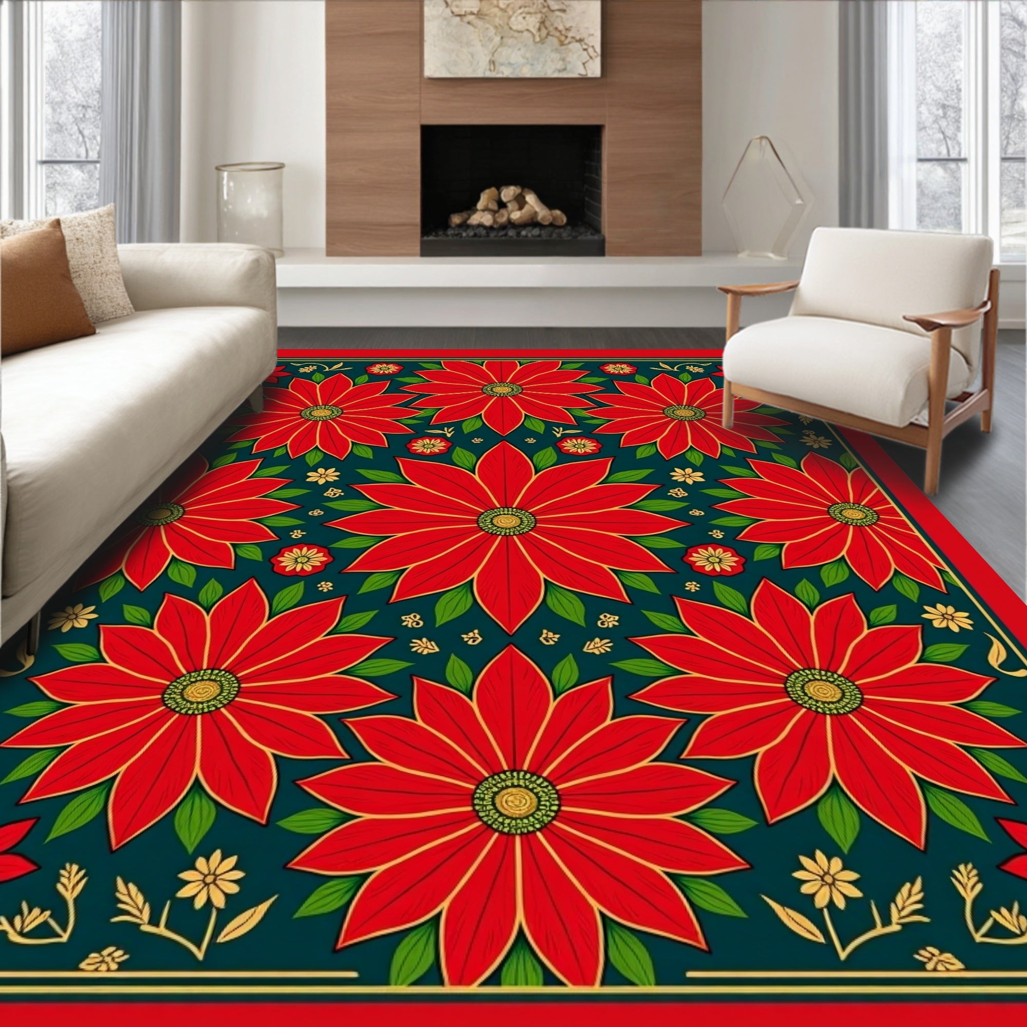 Bold Red Poinsettia Green Border Rug
