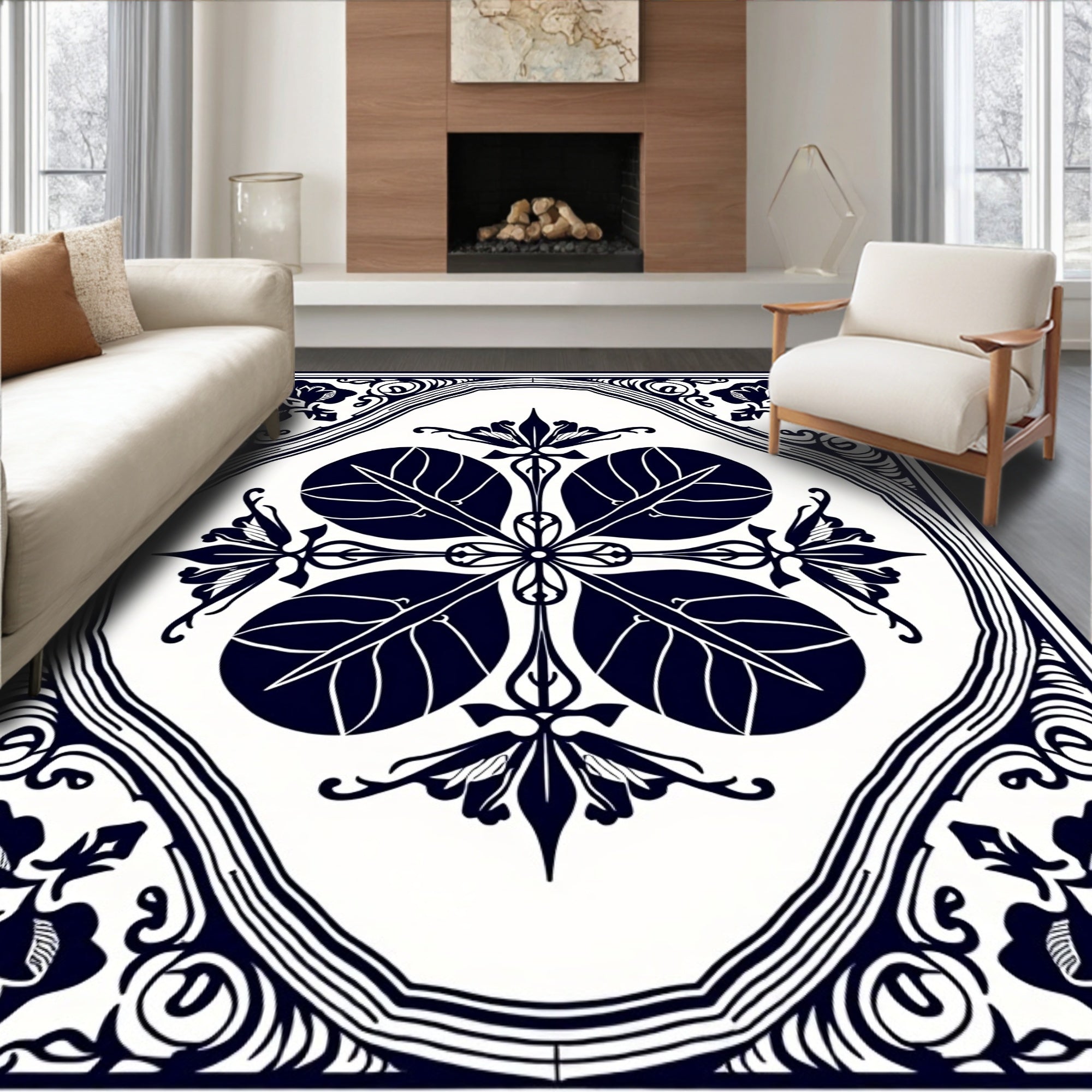 Deep Blue Floral Emblem Square Rug
