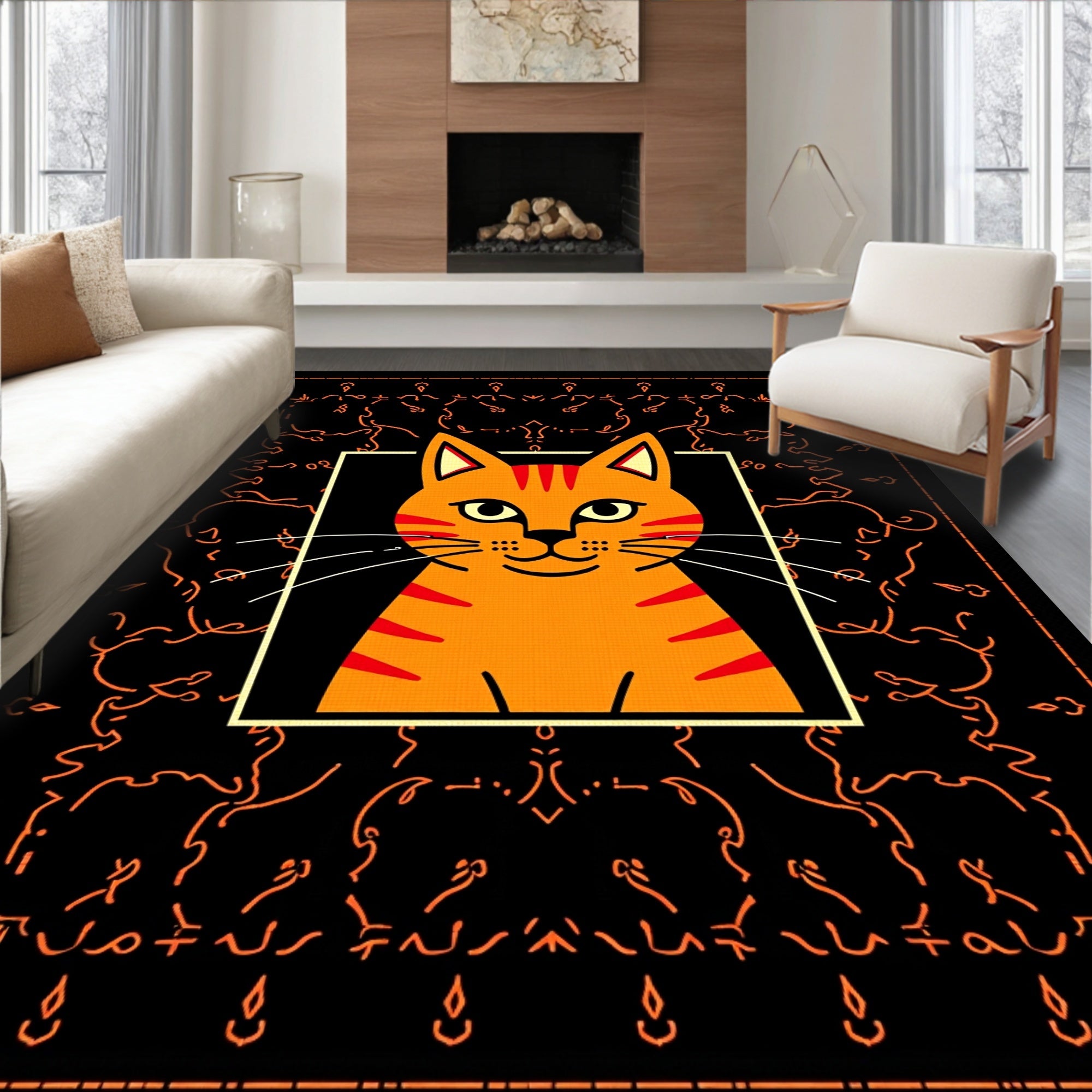 Orange Tabby Cat With Orange Scrollwork Rug