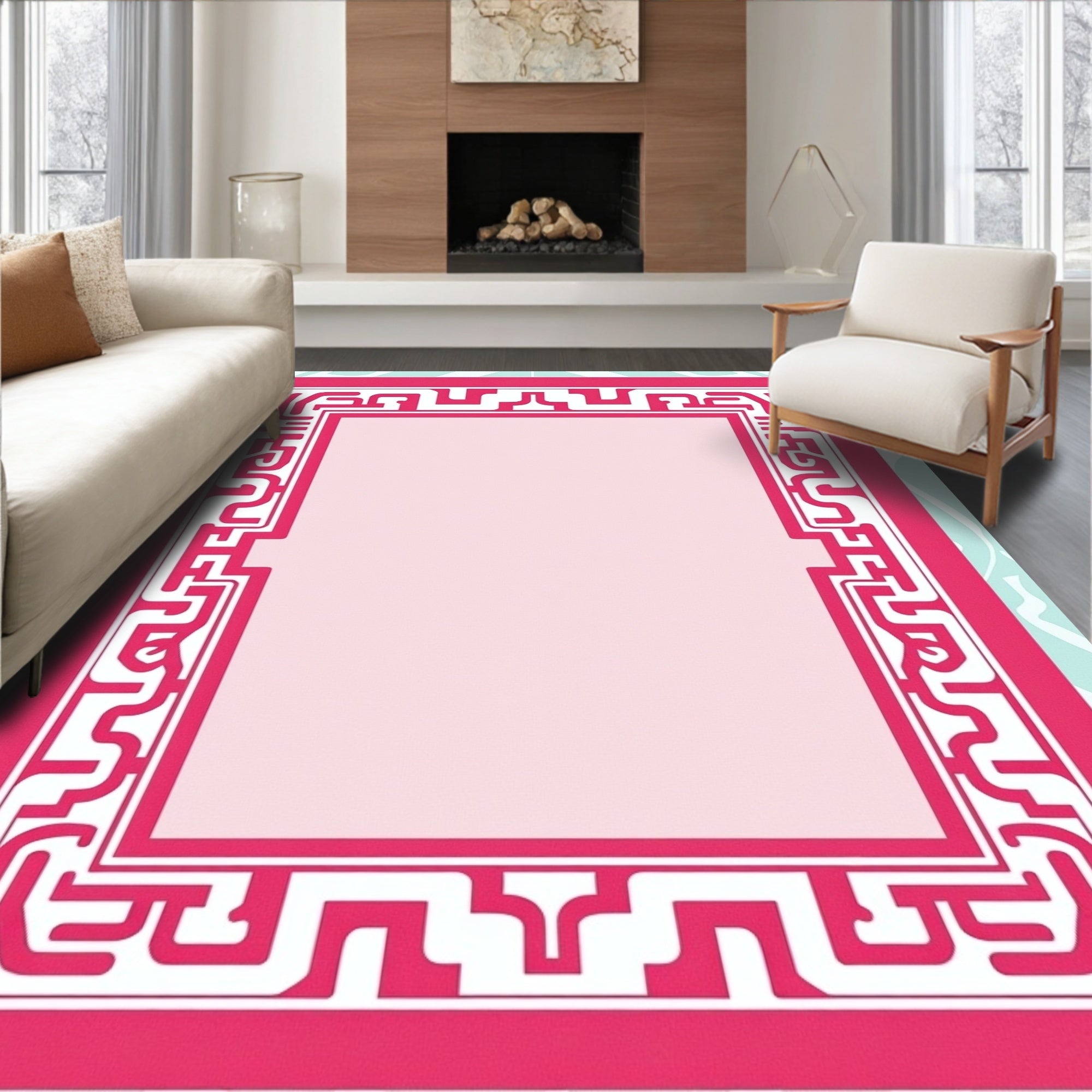 Crimson Geometric Maze Border Rug