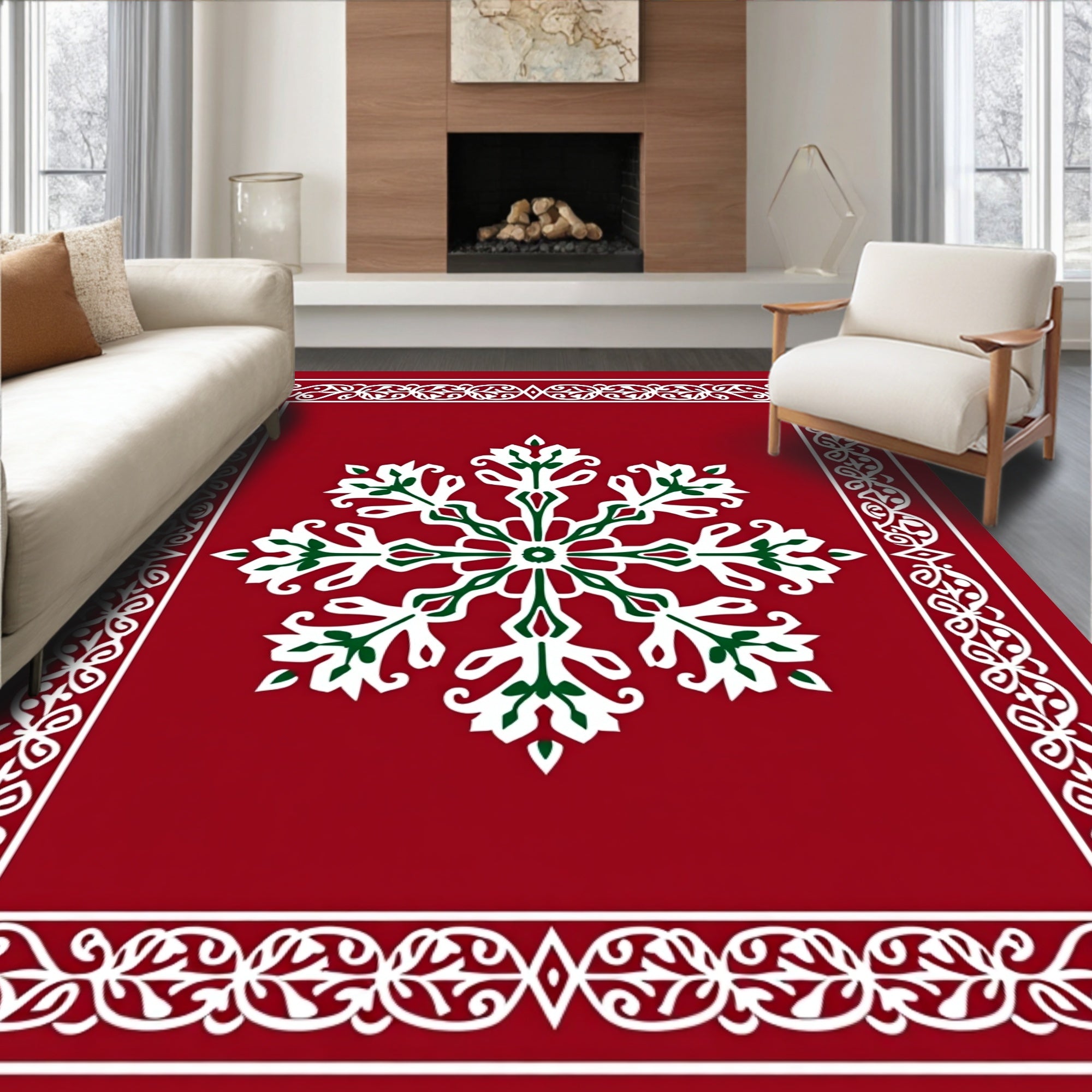 Red Snowflake Ornate Border Rug