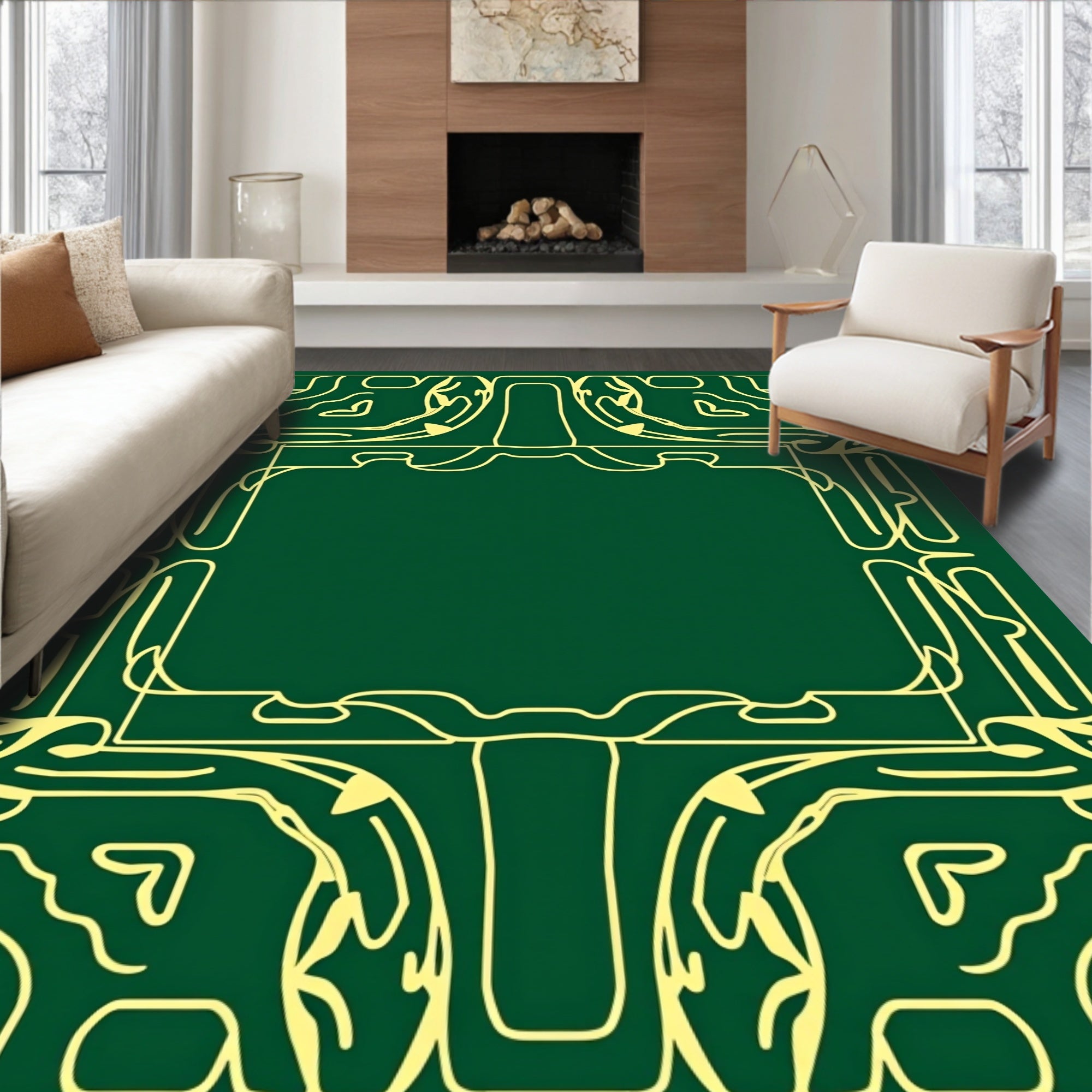 Art Deco Emerald Yellow Scroll Frame Rug