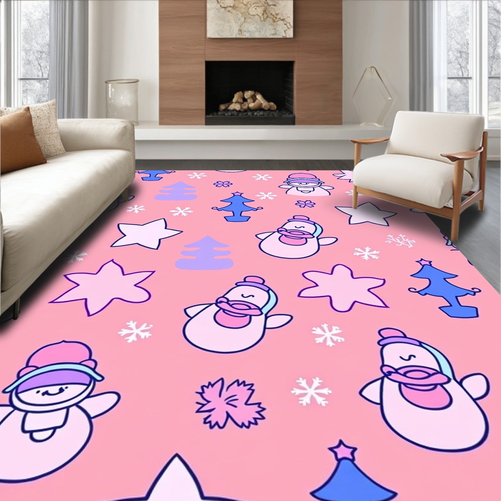 Cute Snowman Penguin Christmas Trees Stars Rug