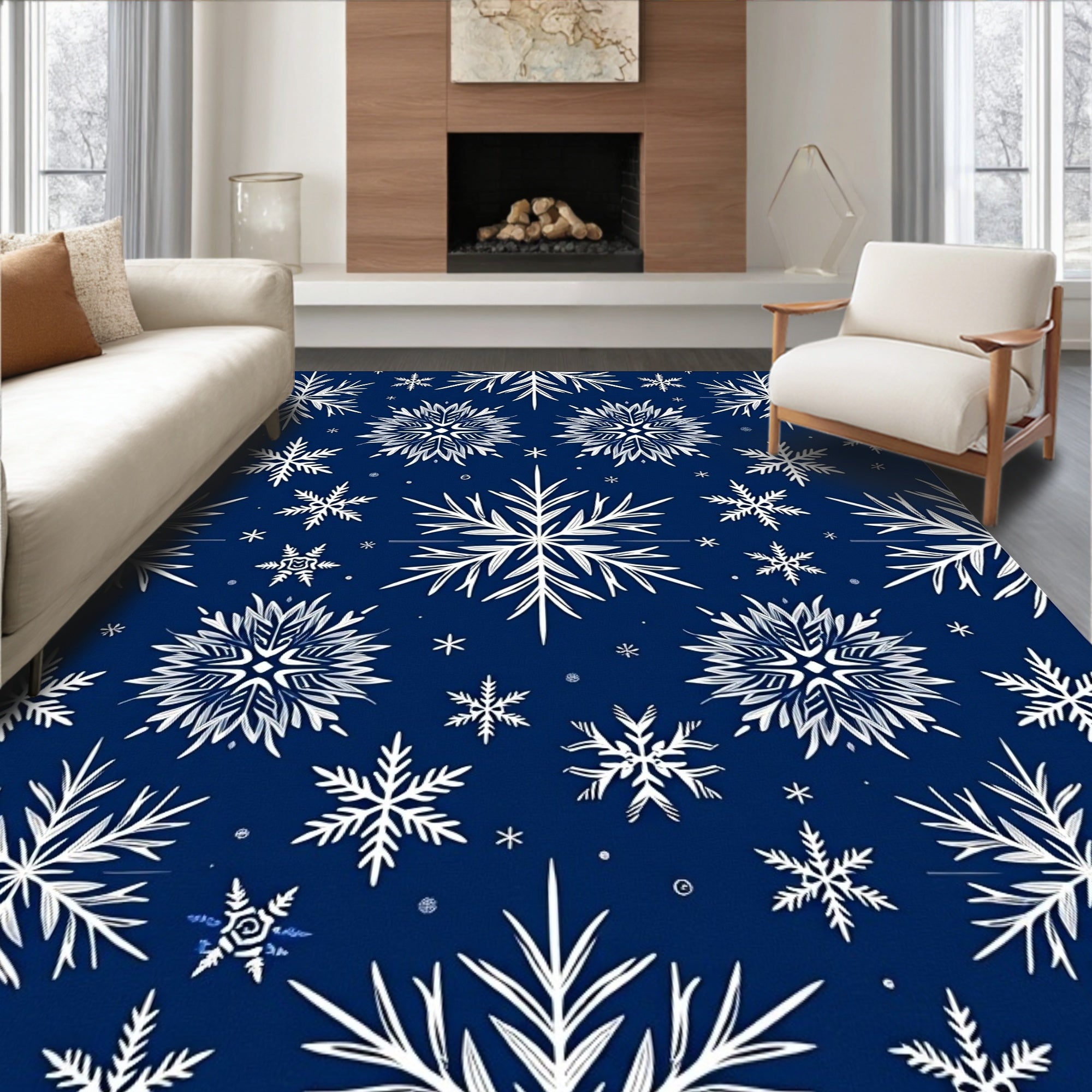 White Snowflakes on Dark Blue Background Rug