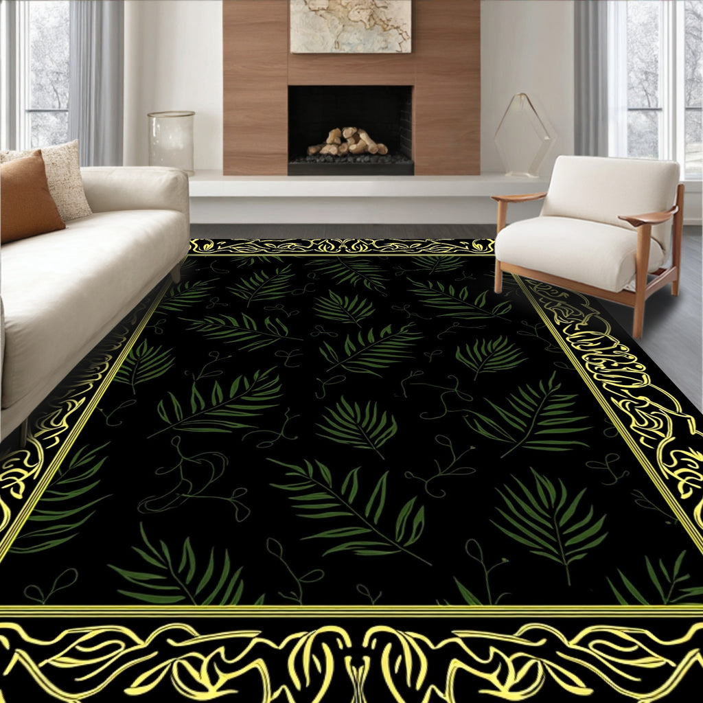 Black Green Fern Leaf Border Art Rug