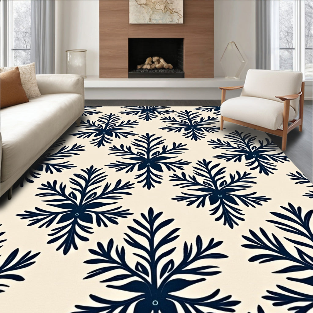 Navy Blue Fern Medallion Background Rug