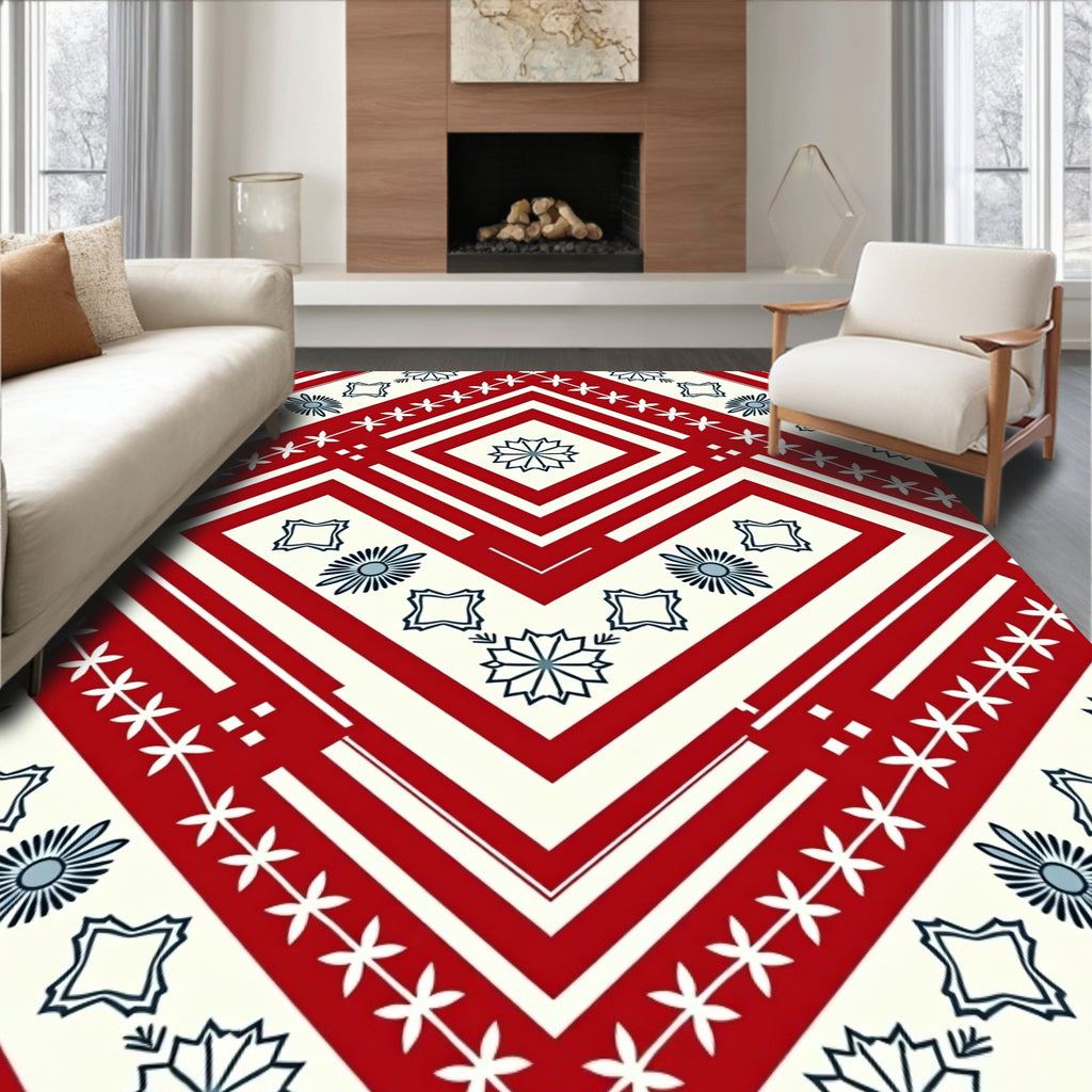 Red Cream Geometric Folk Art Diamonds Rug
