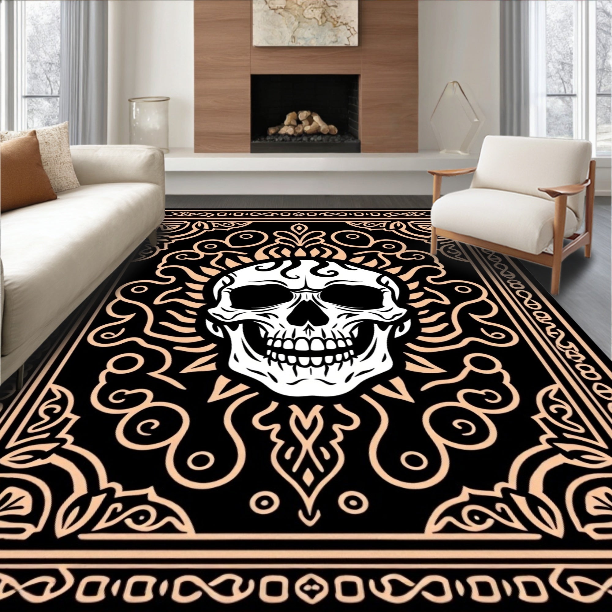 Dark Floral Skull Ornament Rug