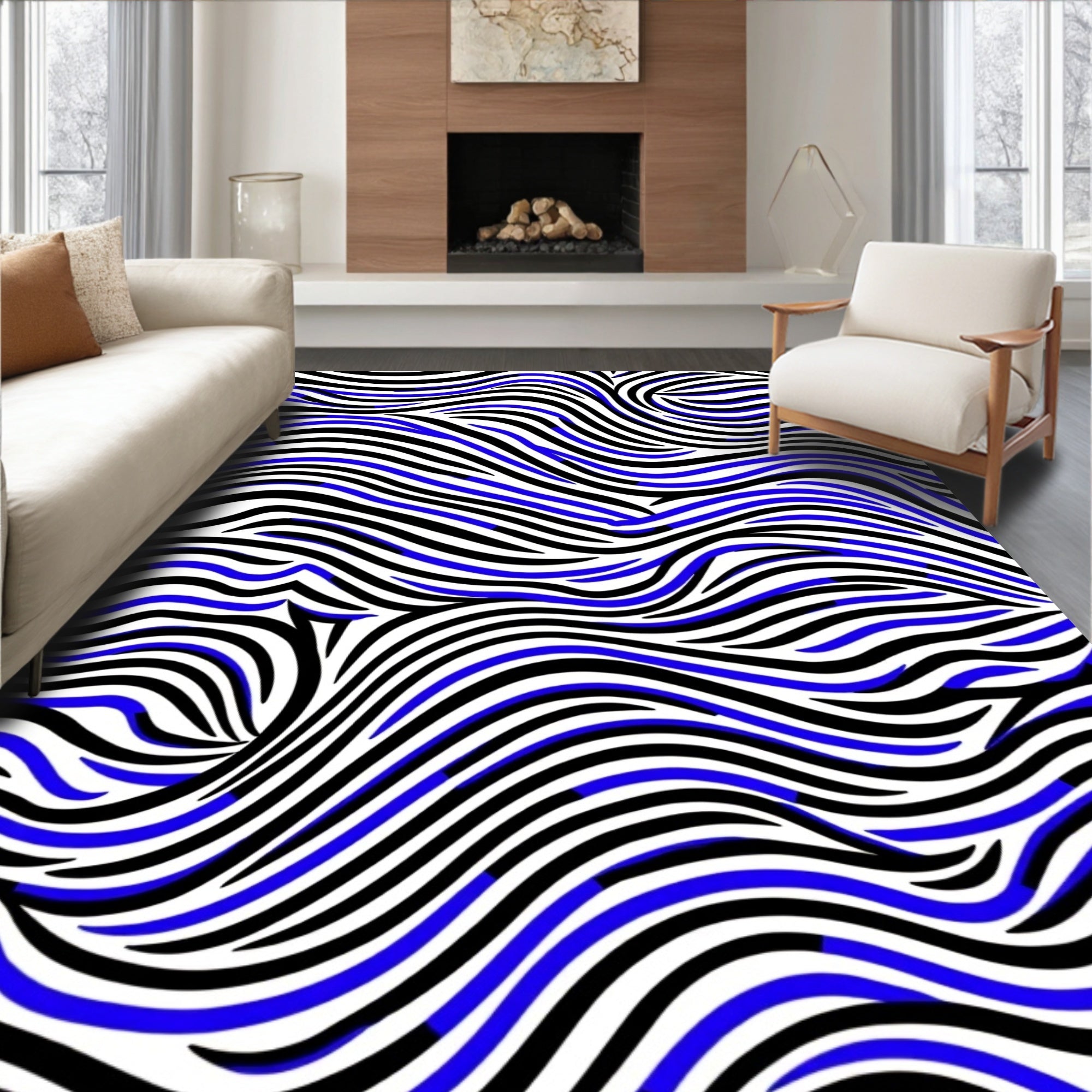 Bold Blue Black Wavy Stripes Rug