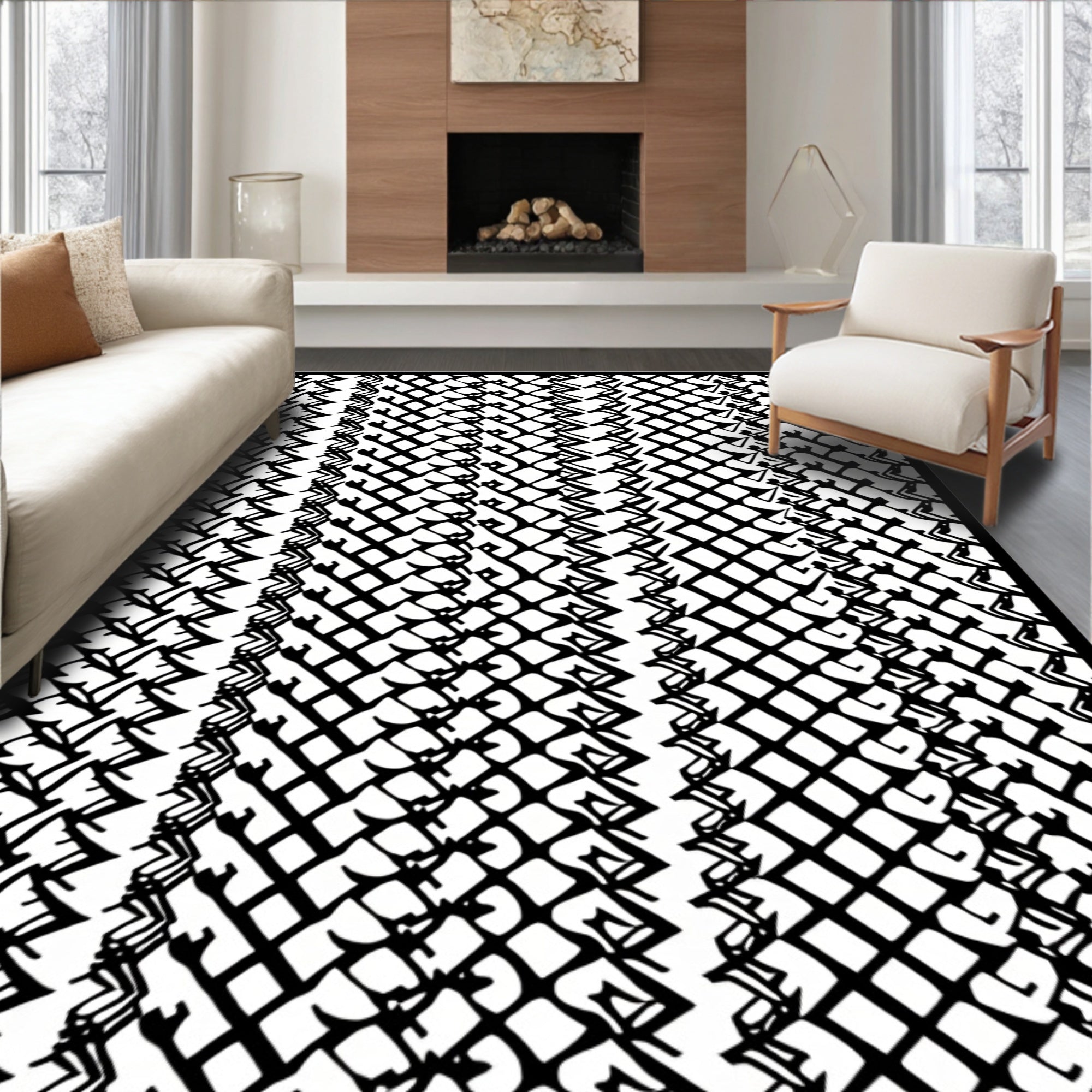 Black White Contemporary Interlocking Diamonds Rug