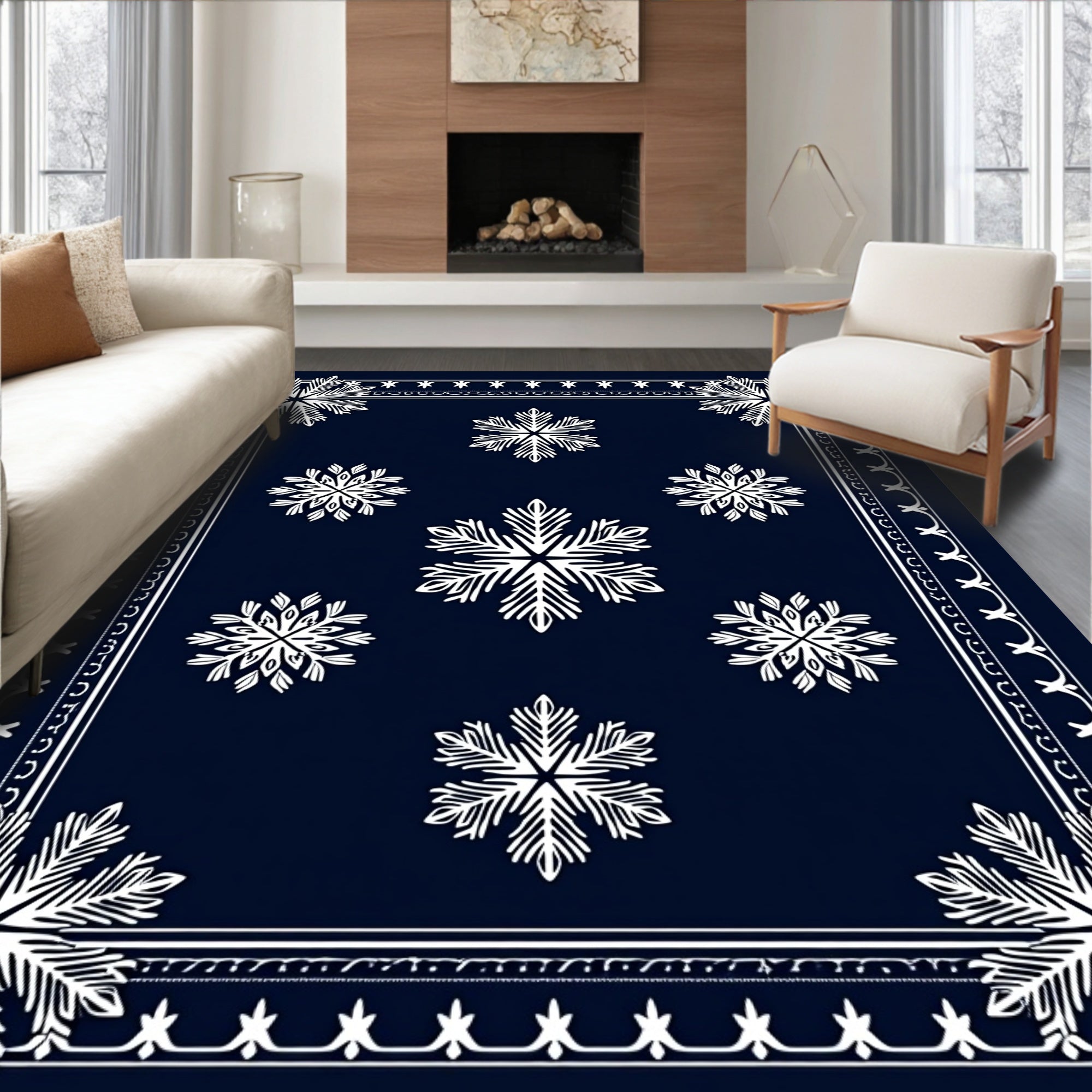 Dark Blue White Snowflake Scatter Rug