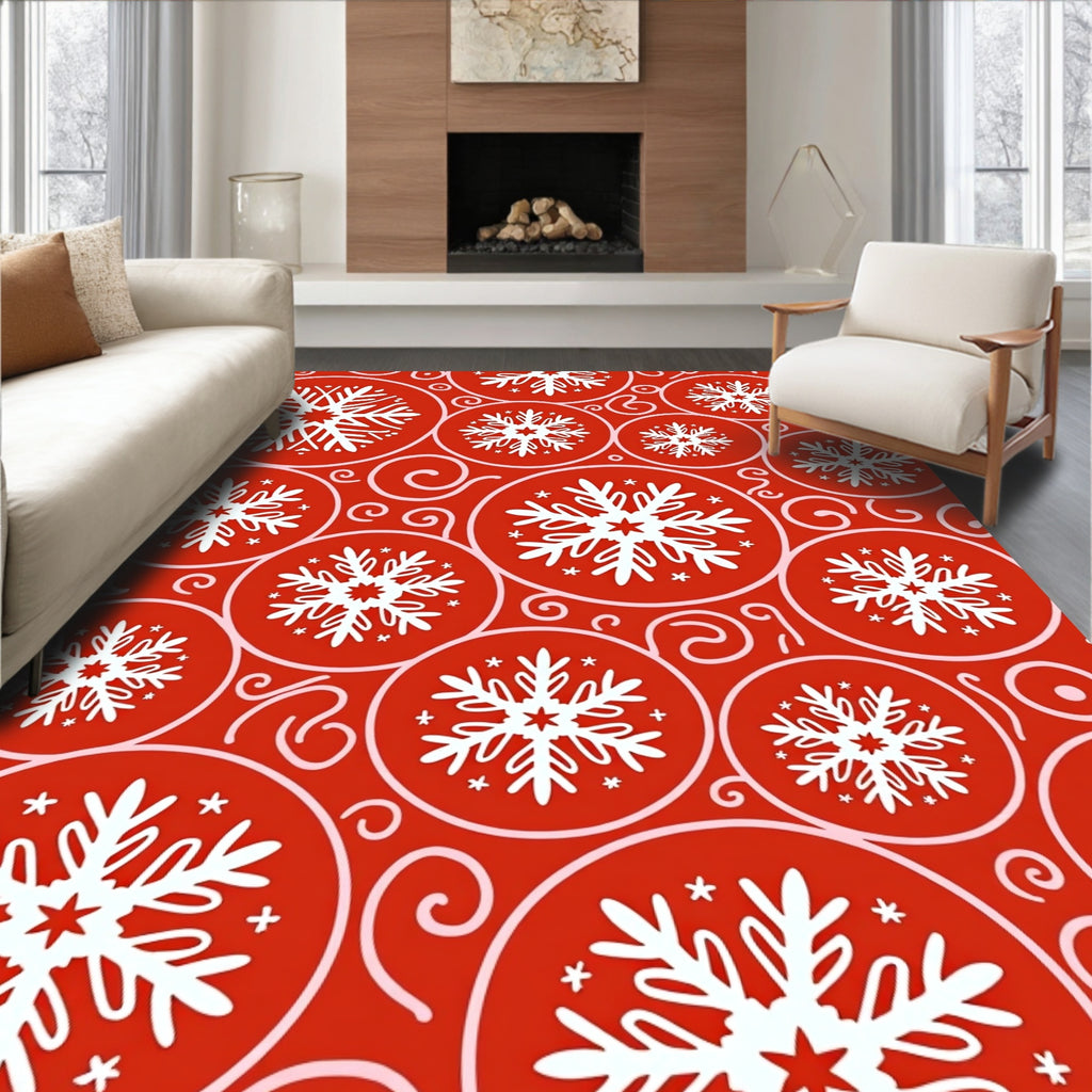 Crimson White Snowflake Circles Rug