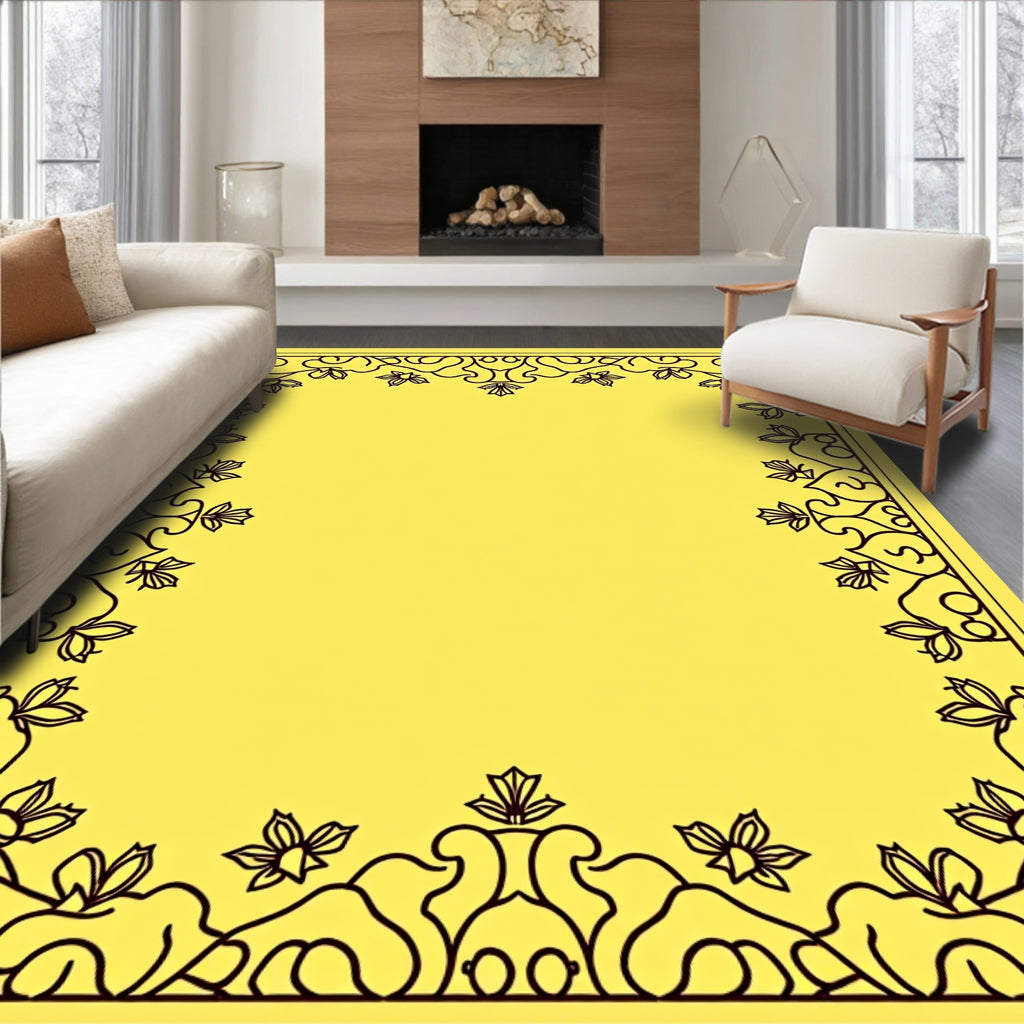 Golden Yellow Floral Vine Border Rug