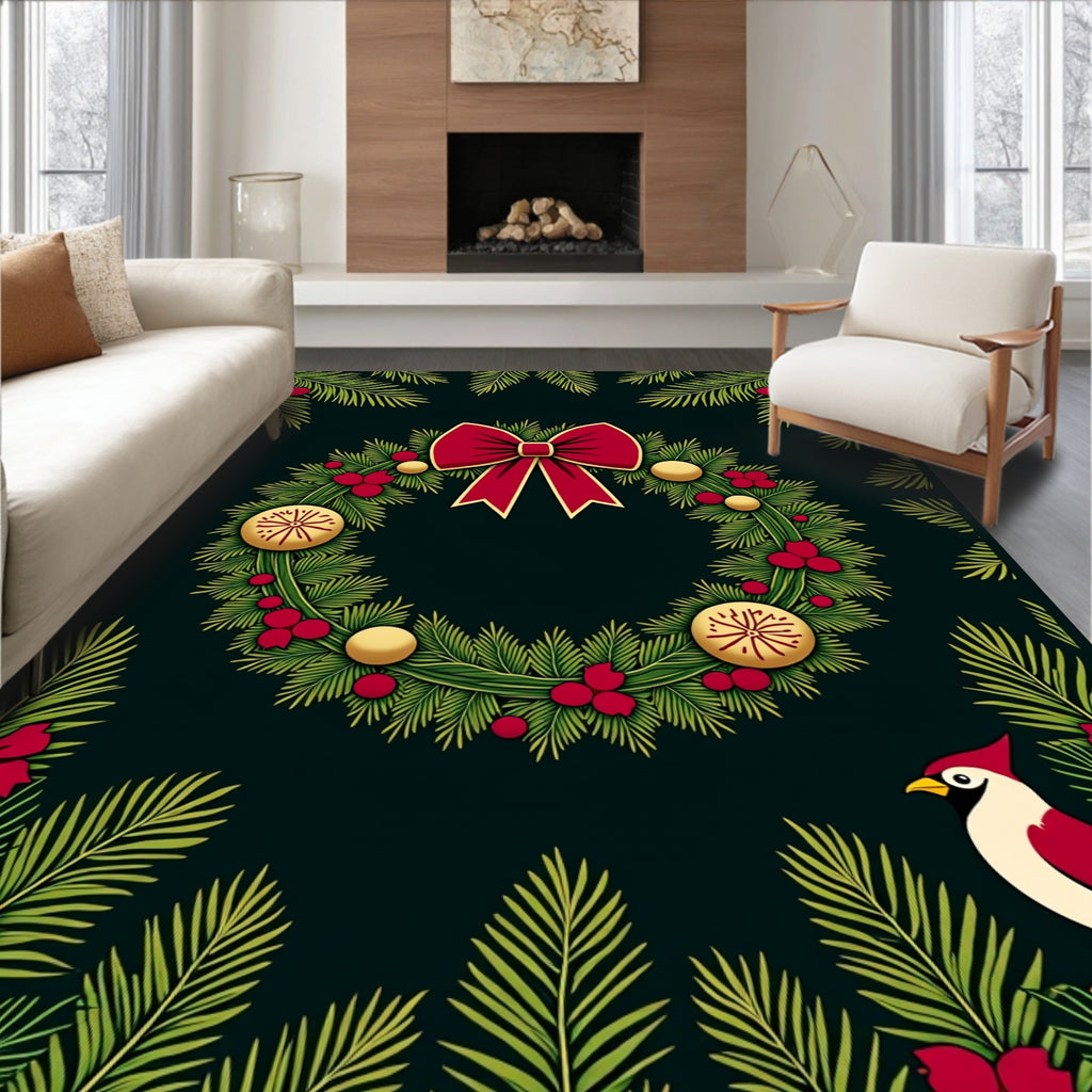 Festive Red Cardinal Evergreen Wreath Rug