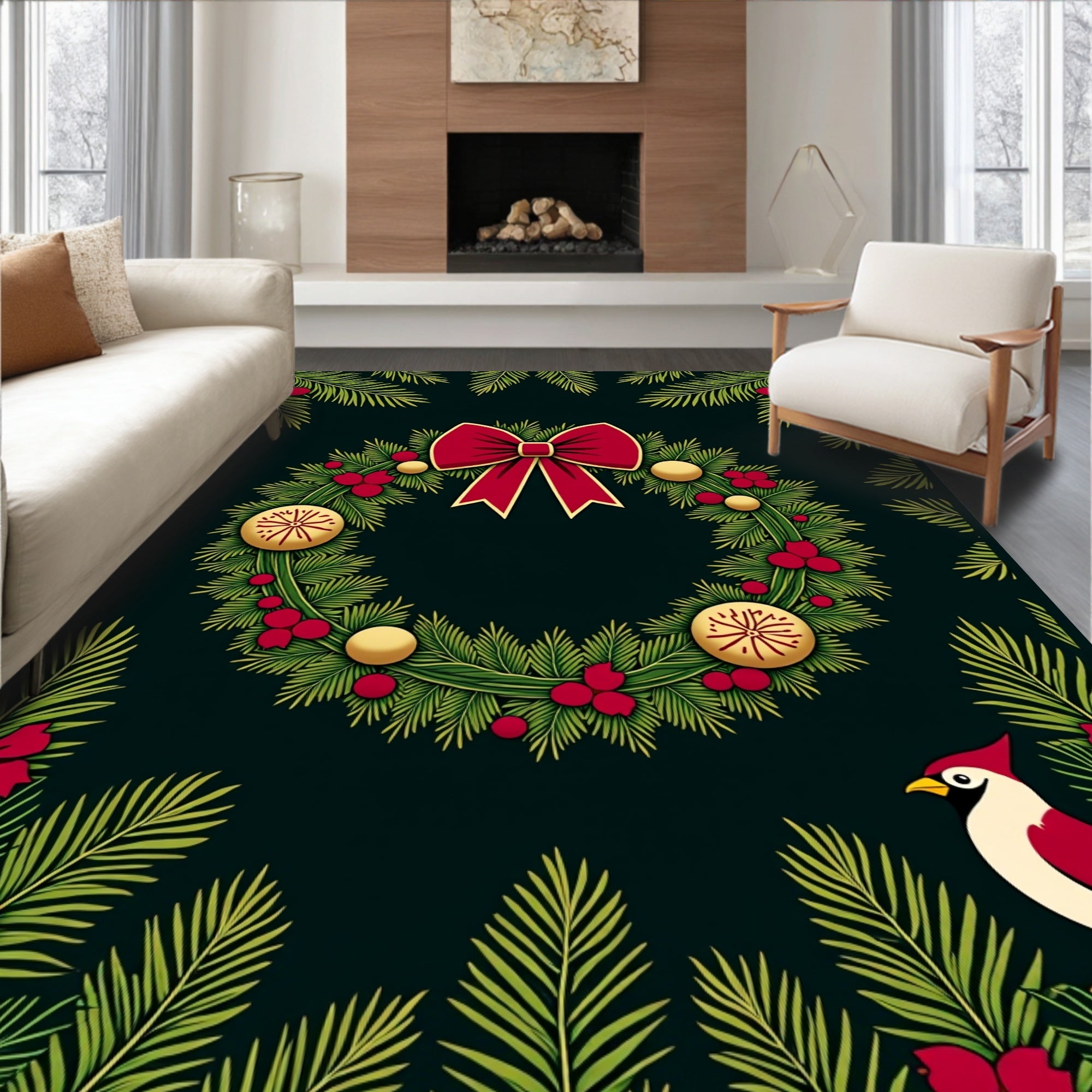 Festive Red Cardinal Evergreen Wreath Rug
