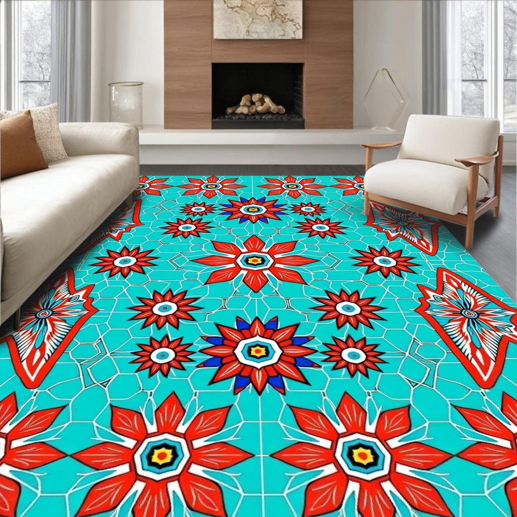 Crimson Red Floral Starburst Accents Rug