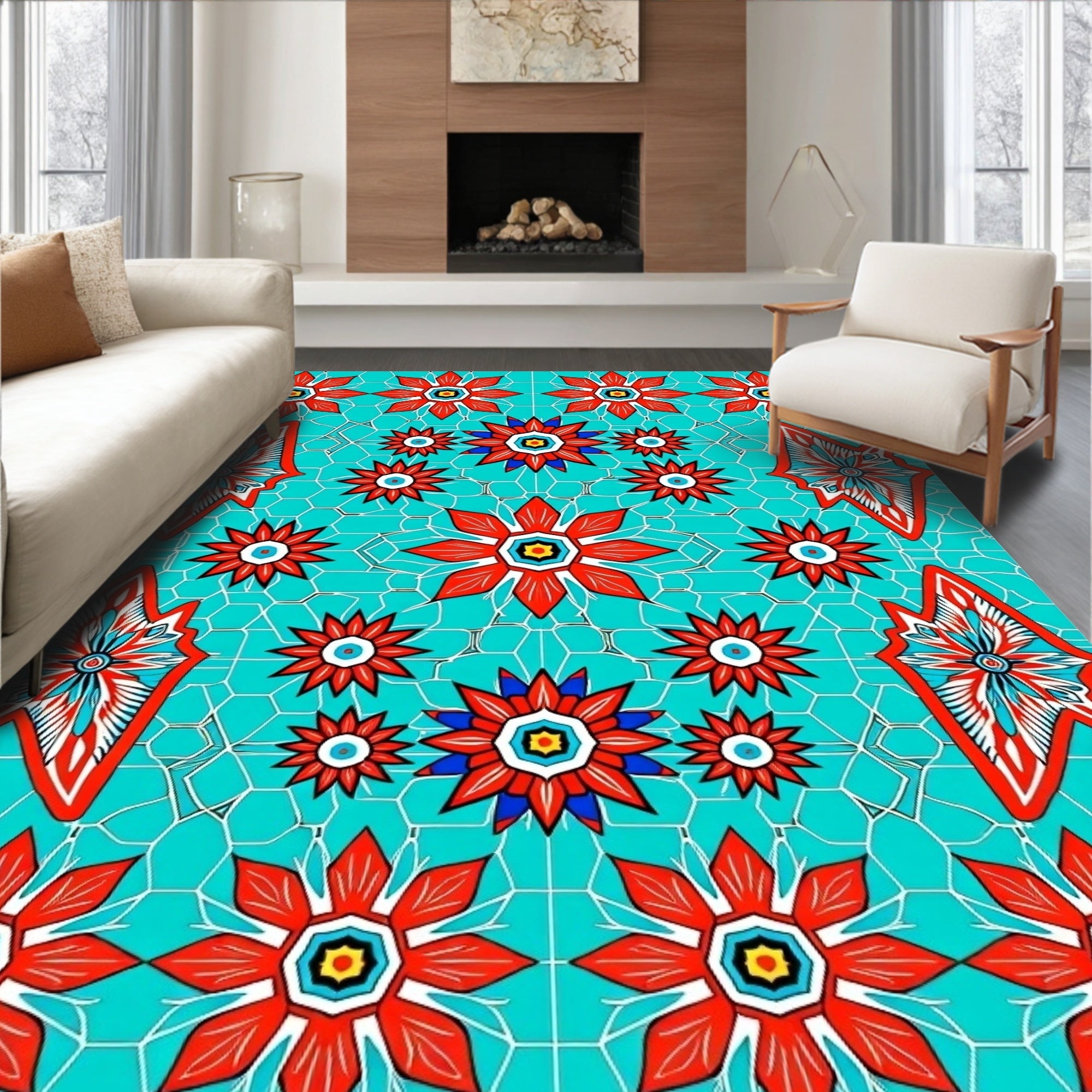 Crimson Red Floral Starburst Accents Rug
