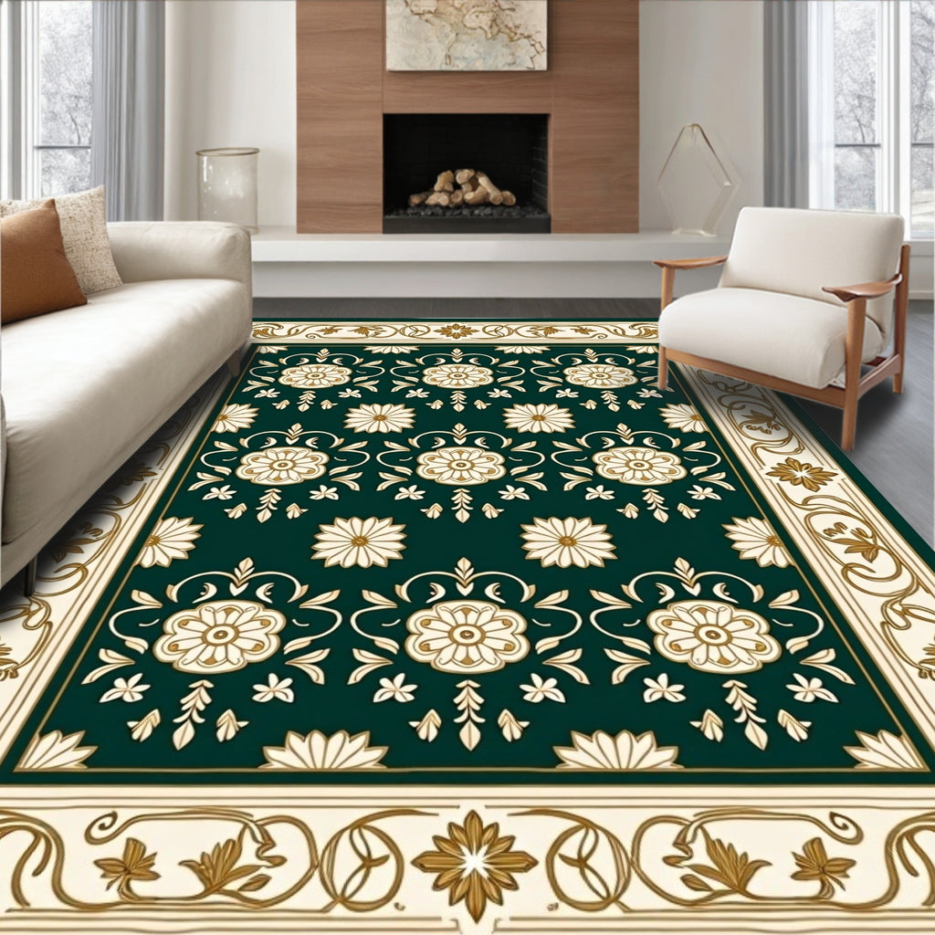 Deep Green Floral Ornate Border Rug