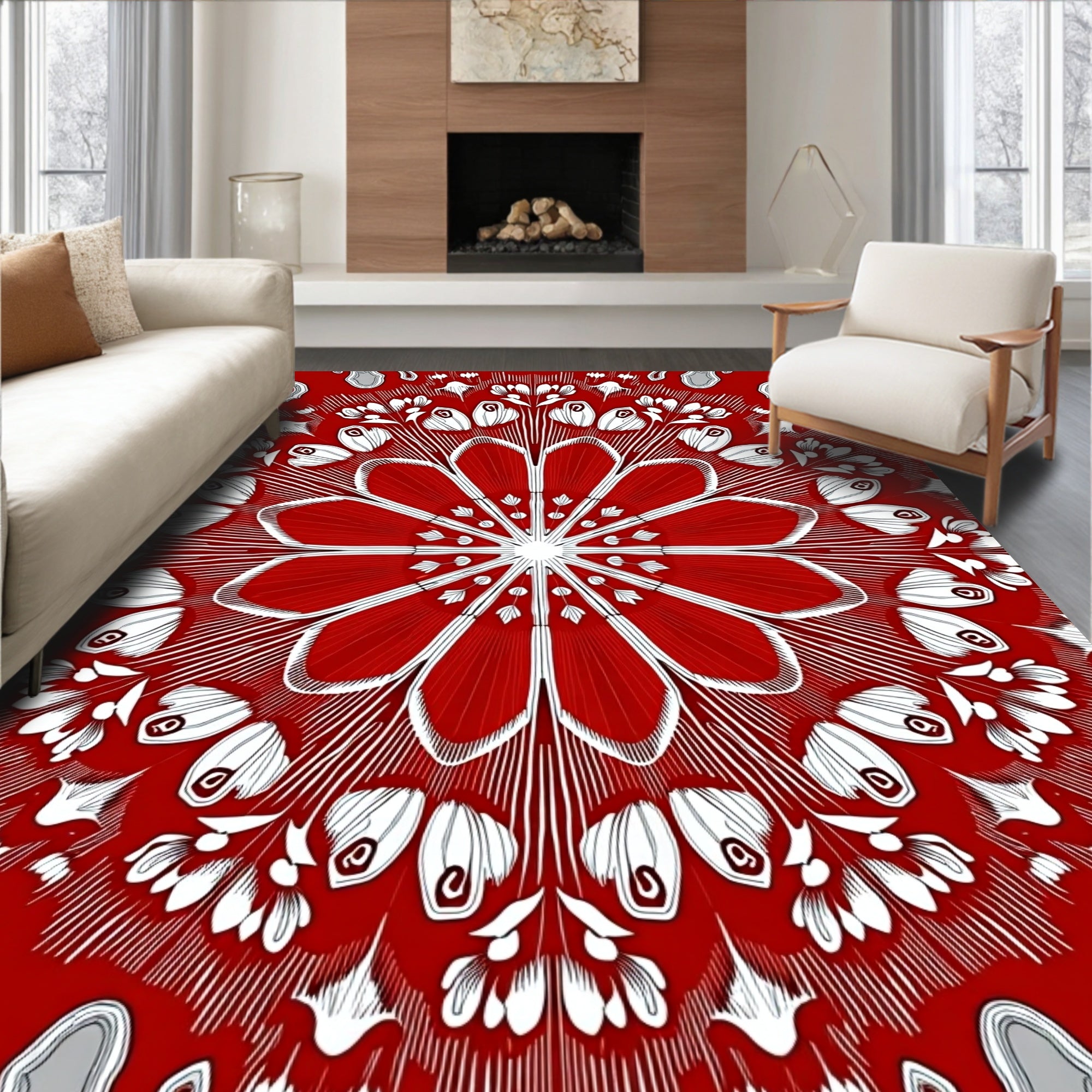 Vibrant Red White Floral Sunburst Rug