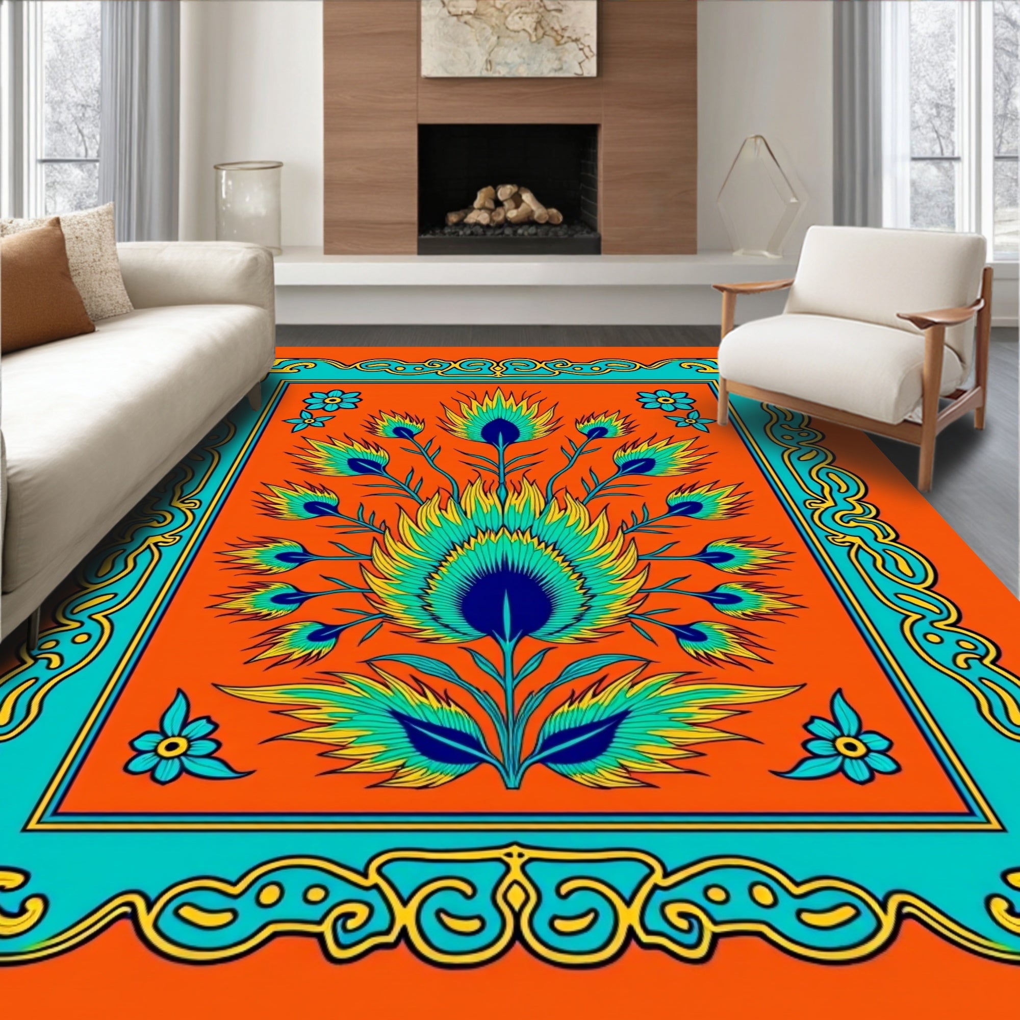 Vibrant Orange Teal Peacock Feather Medallion Rug