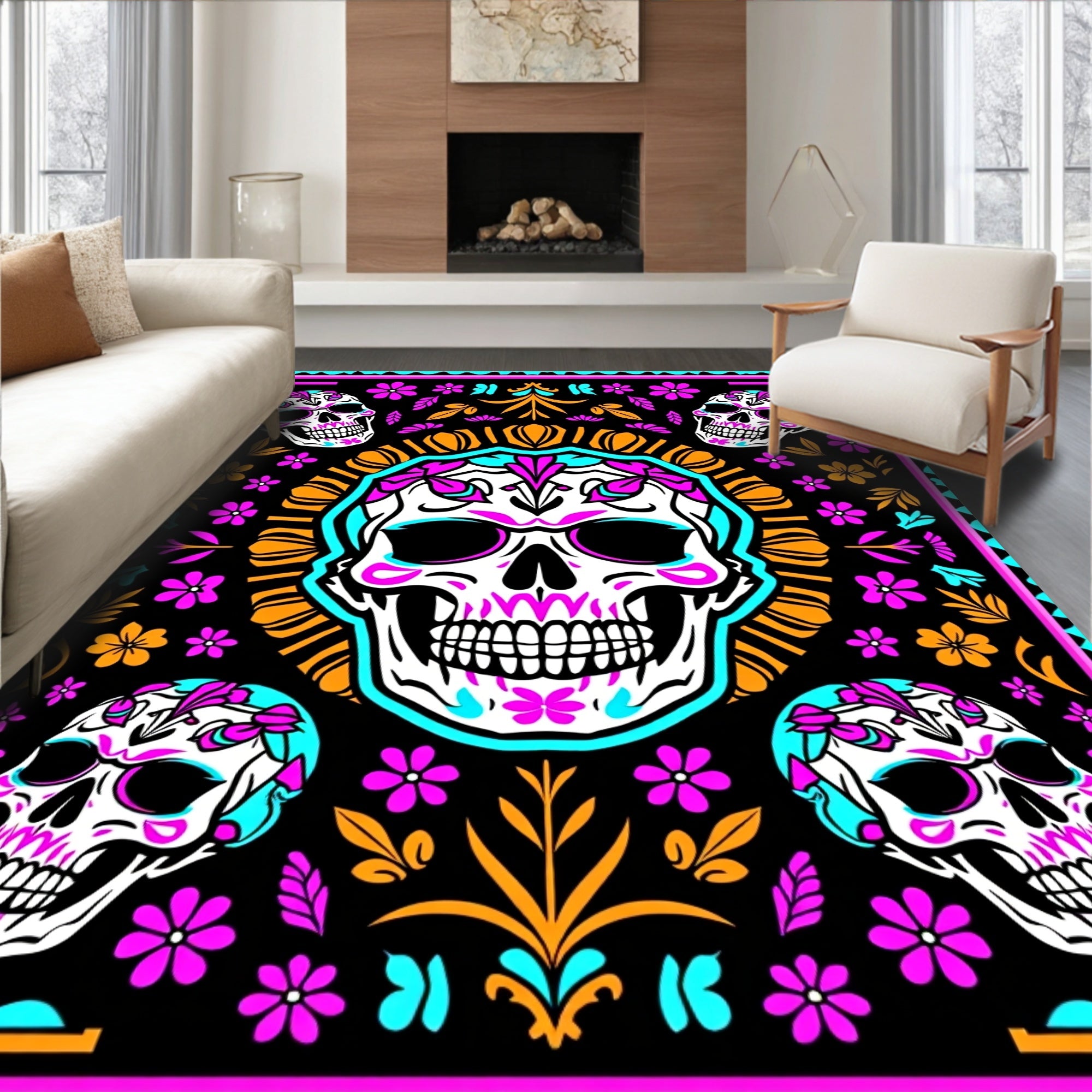 Vibrant Skull Floral Day Of Dead Rug