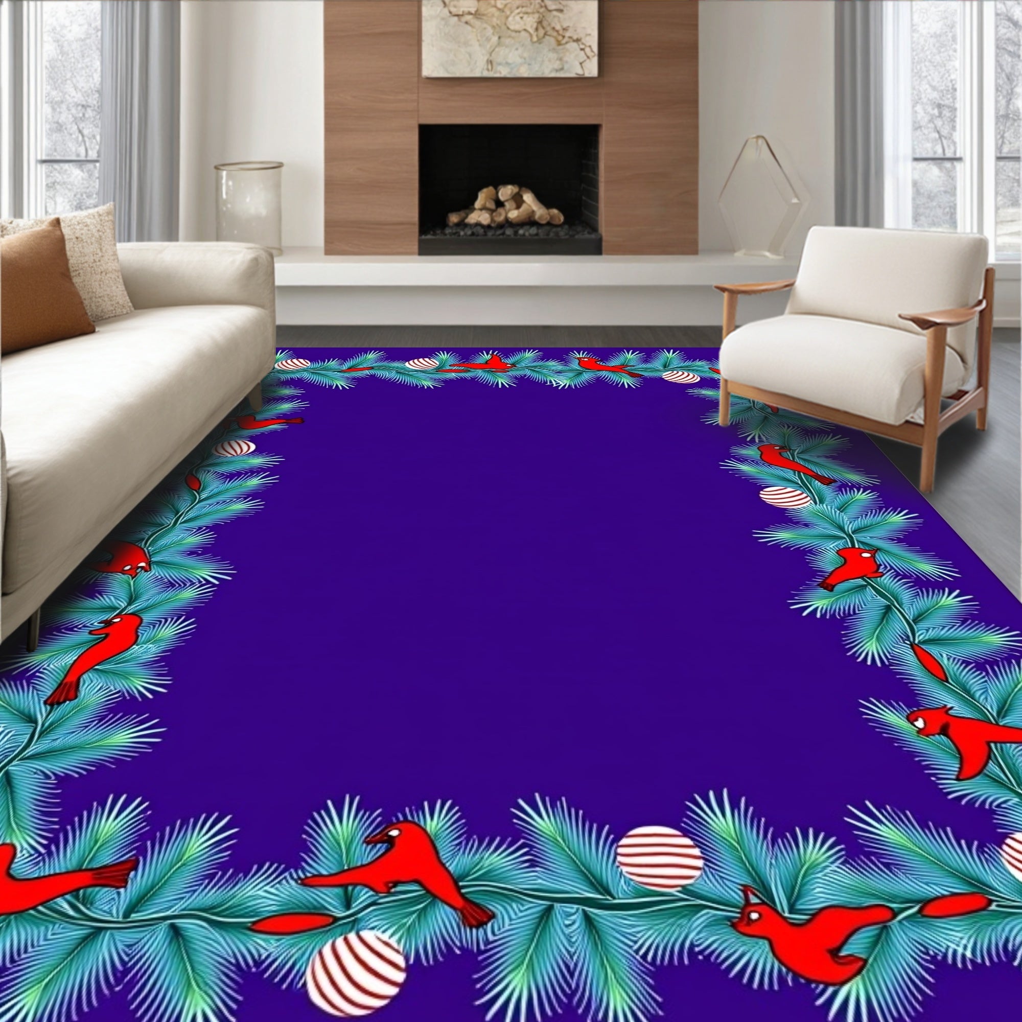Red Cardinal Evergreen Garland Border Rug
