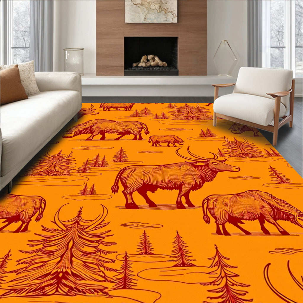 Rustic Bison Forest Orange Landscape Rug