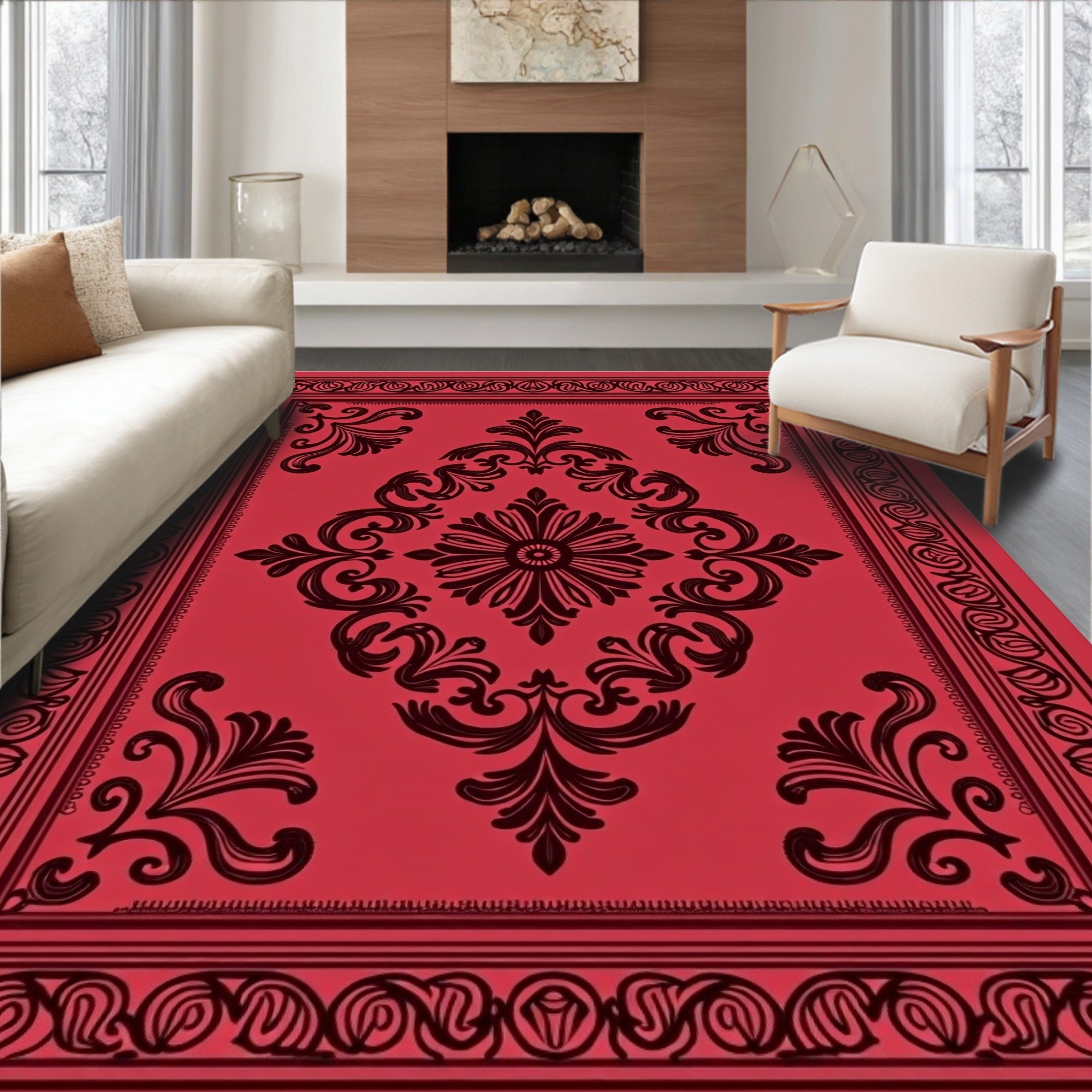 Bold Red Scrollwork Medallion Rug