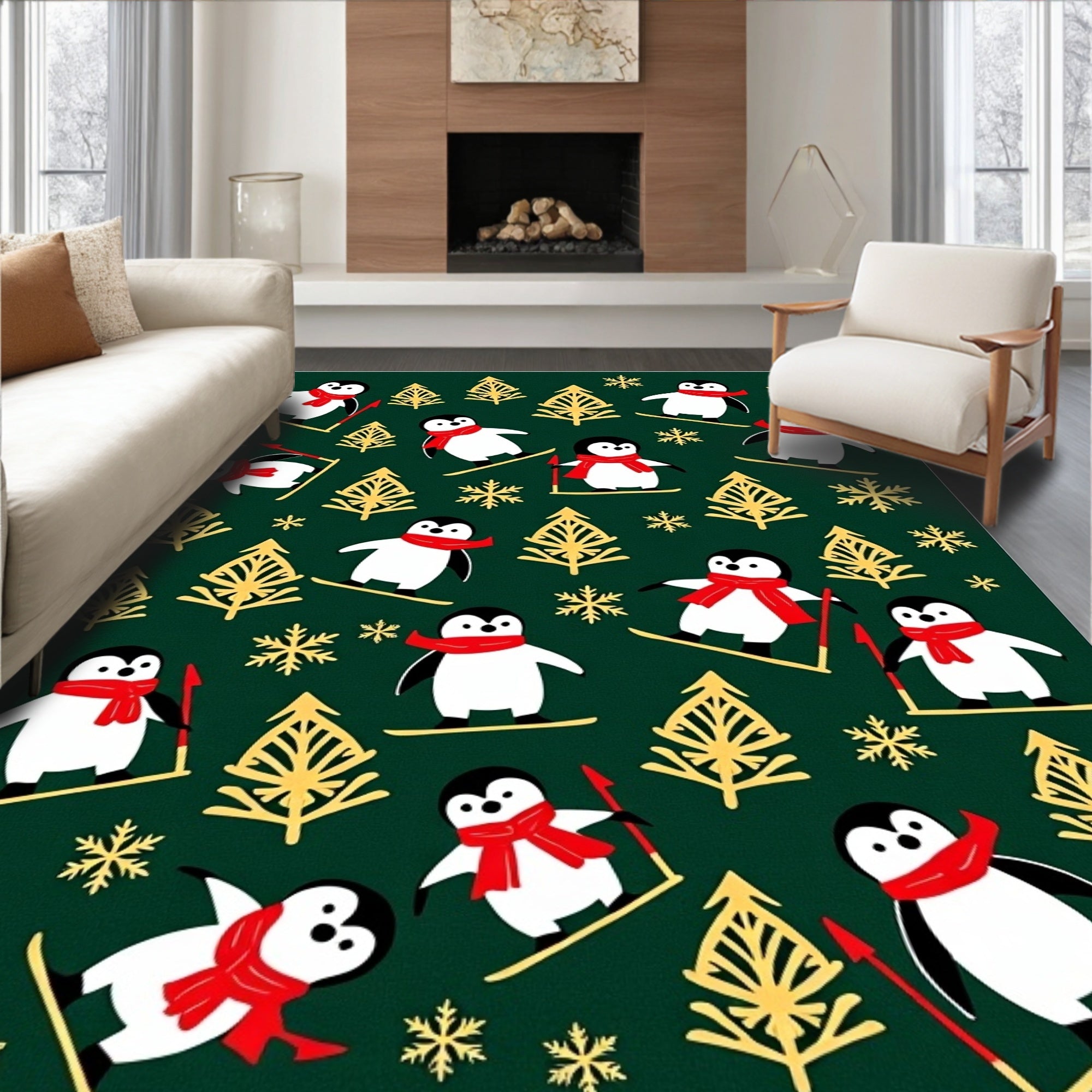 Skiing Penguins And Winter Trees Rug