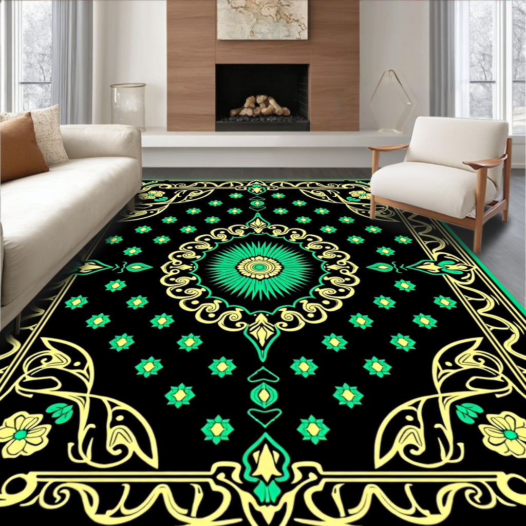 Ornate Black Emerald Floral Medallion Rug
