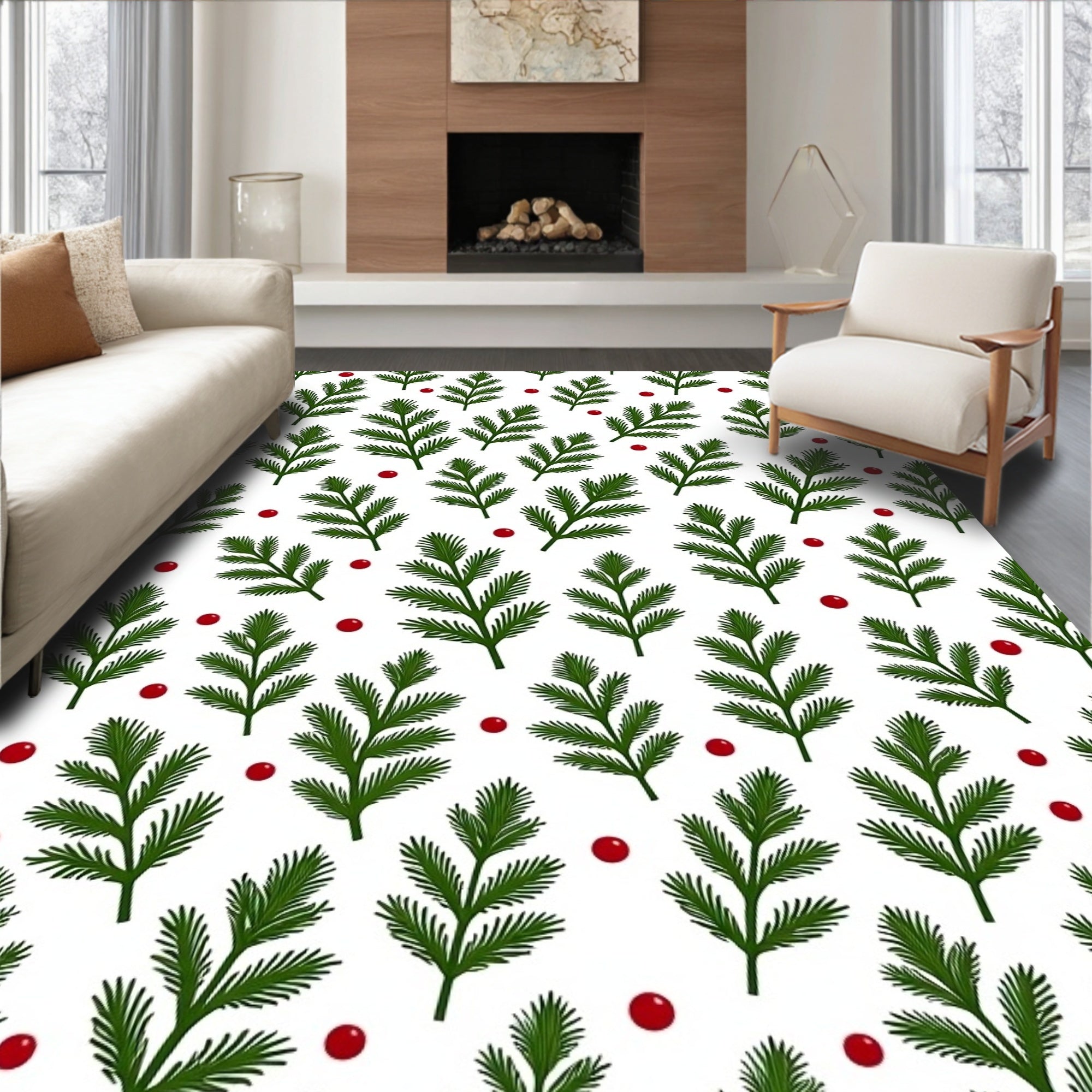 Christmas Evergreen Red Berry Foliage Rug