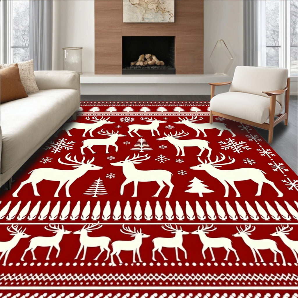 Rustic Red Deer Snowflake Christmas Scene Rug