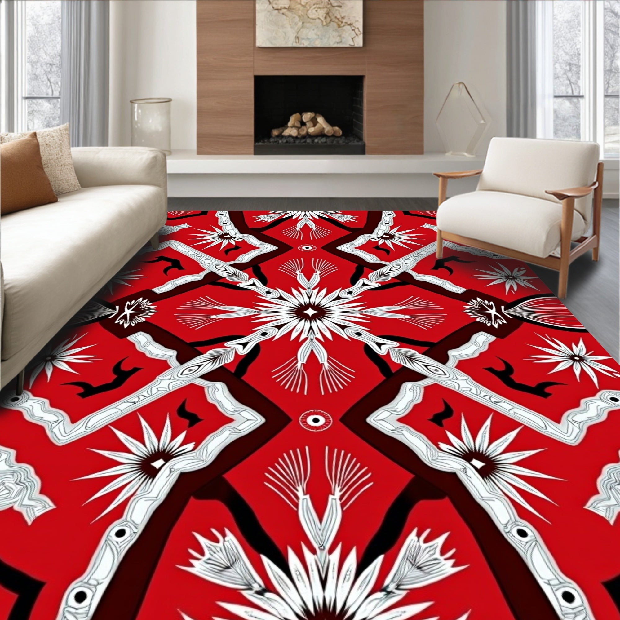 Bold Crimson Abstract Starburst Arrangement Rug