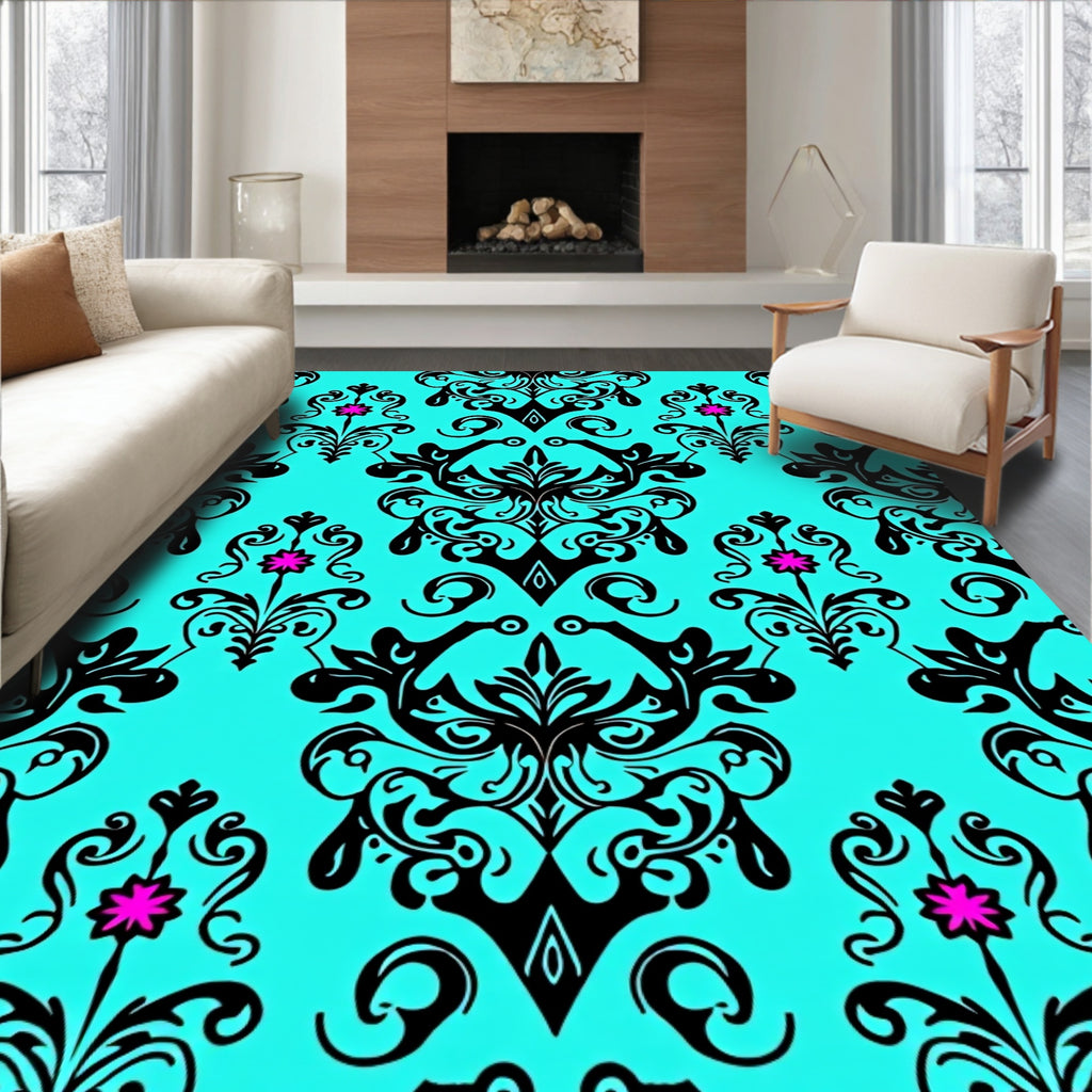 Cyan Black Ornate Floral Scroll Rug