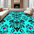 Cyan Black Ornate Floral Scroll Rug