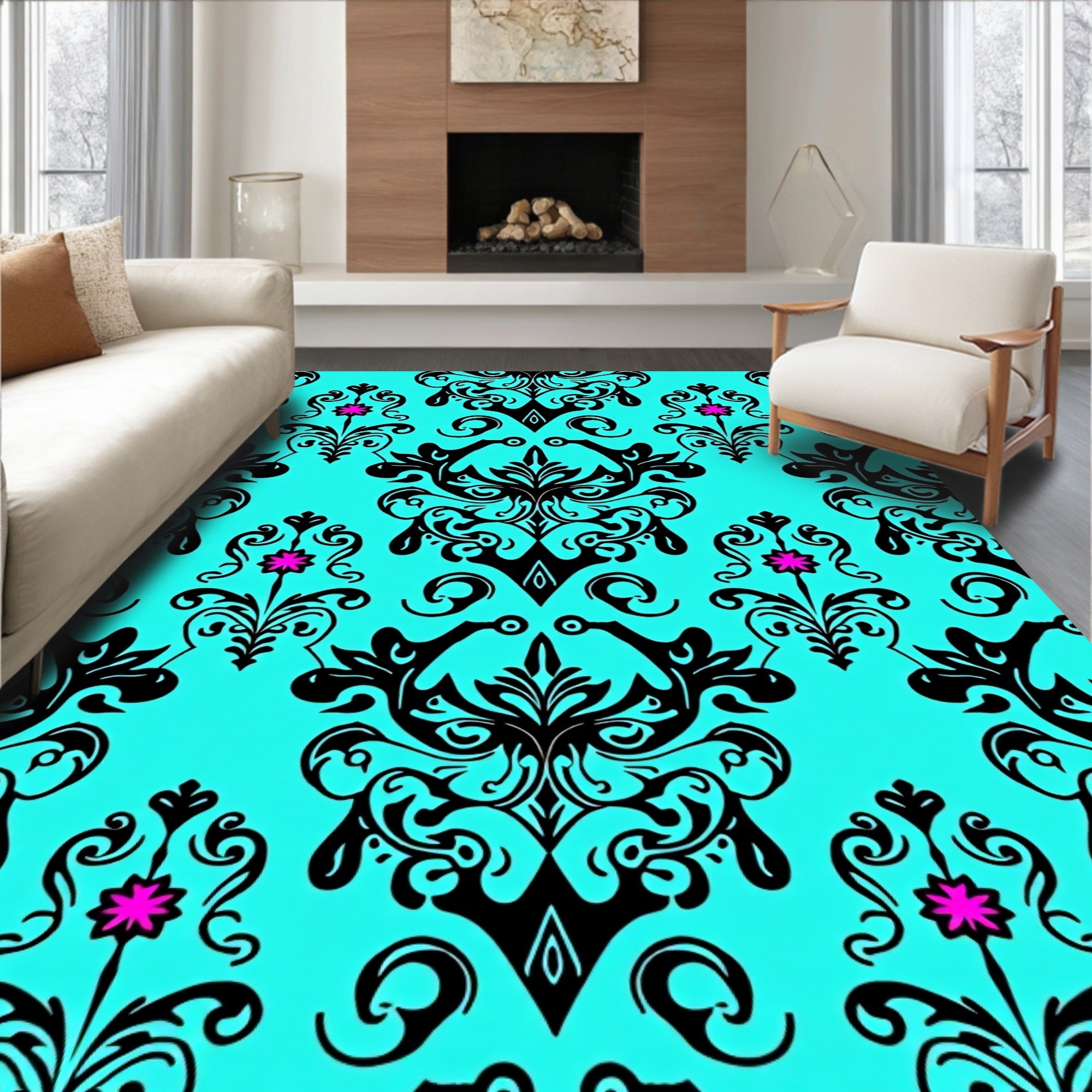 Cyan Black Ornate Floral Scroll Rug