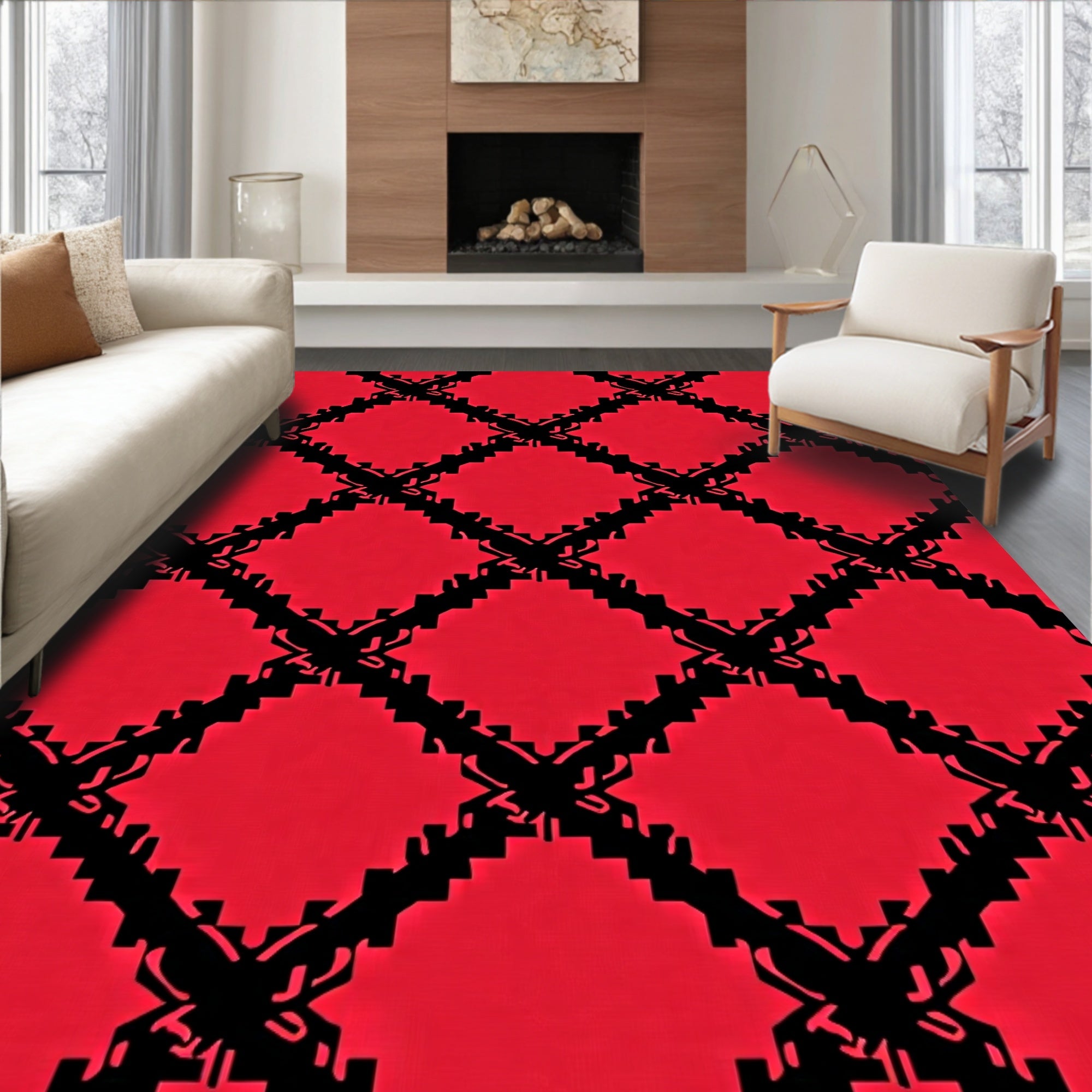 Bold Red Lattice Diamond Rug