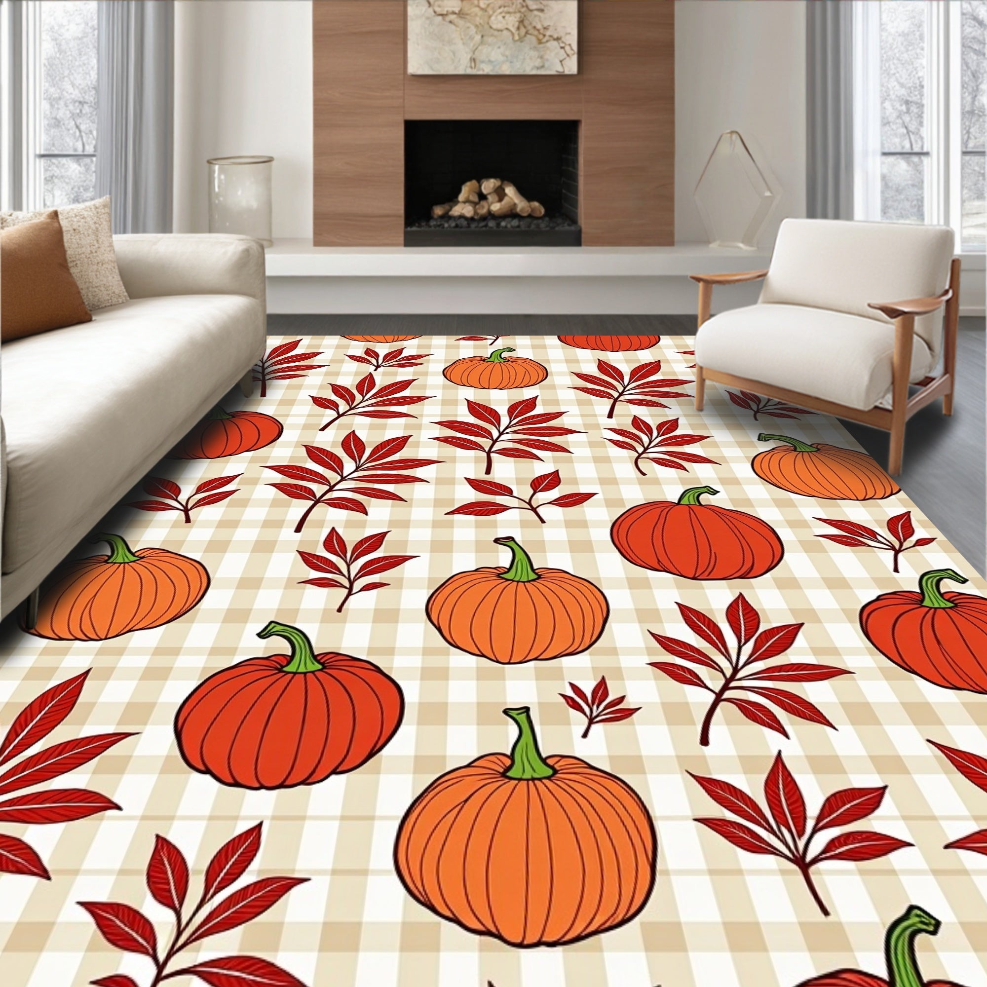 Orange Pumpkin Red Leaf Plaid Rug