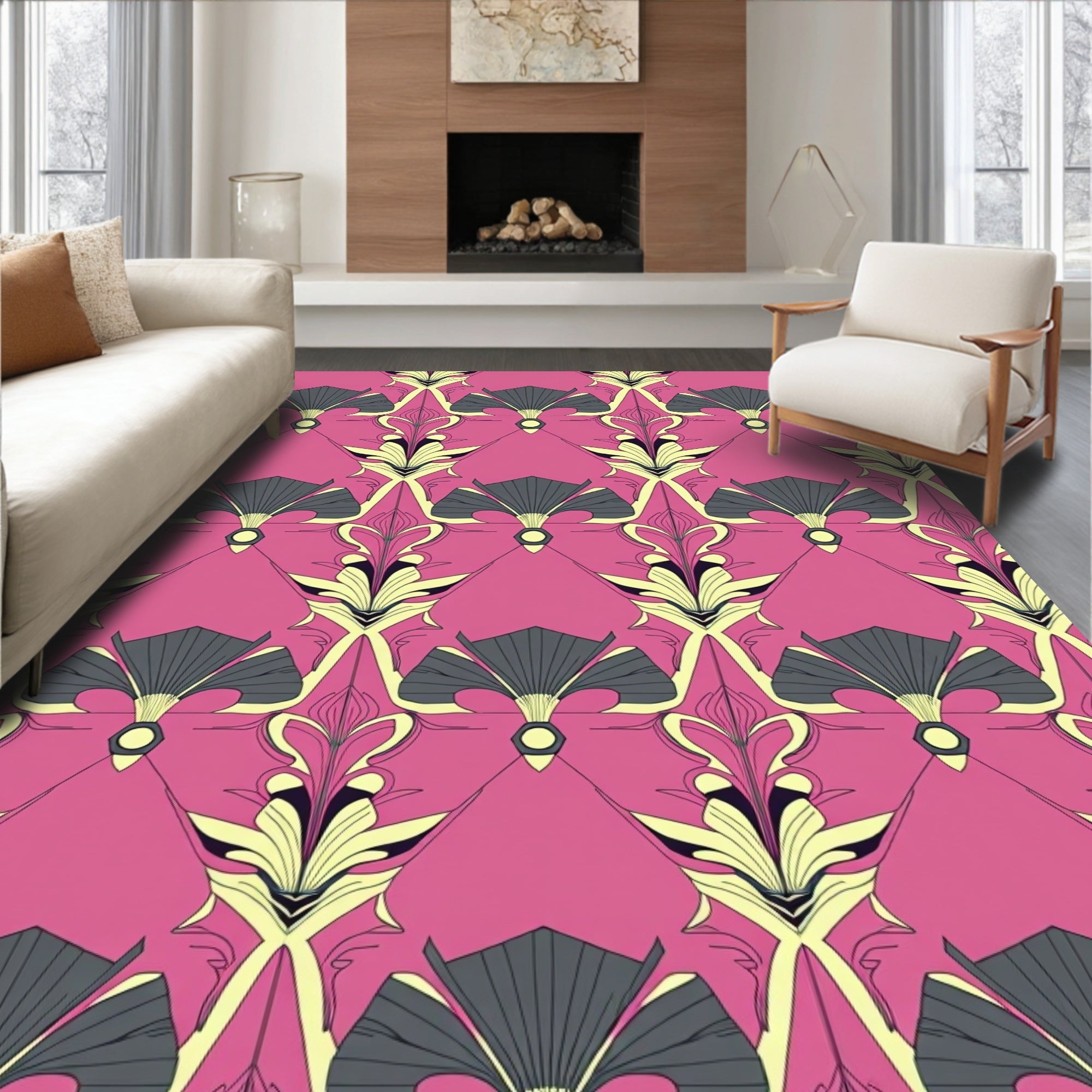 Art Deco Pink Gray Fan Floral Rug