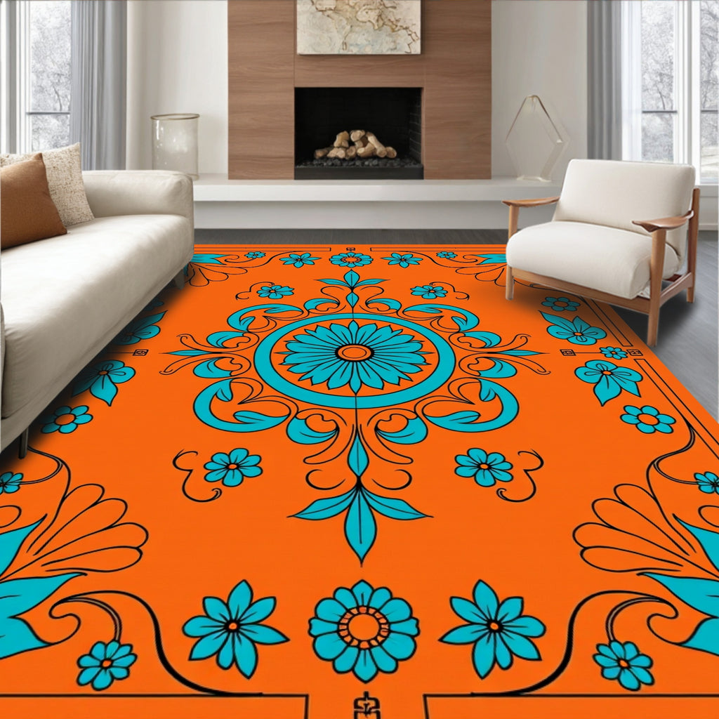 Vibrant Teal Floral Medallion Orange Rug
