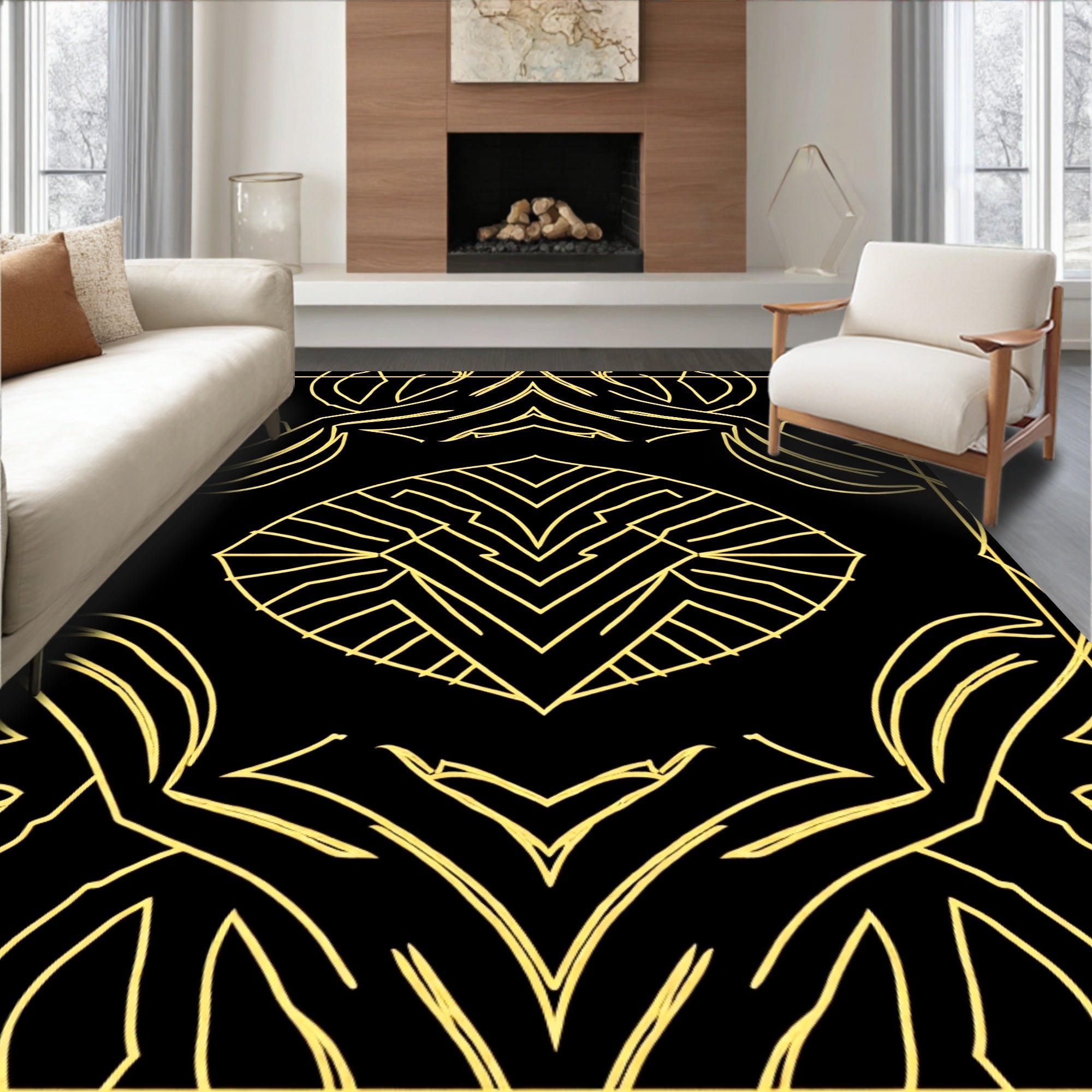 Art Deco Gold Geometric Sunburst Rug