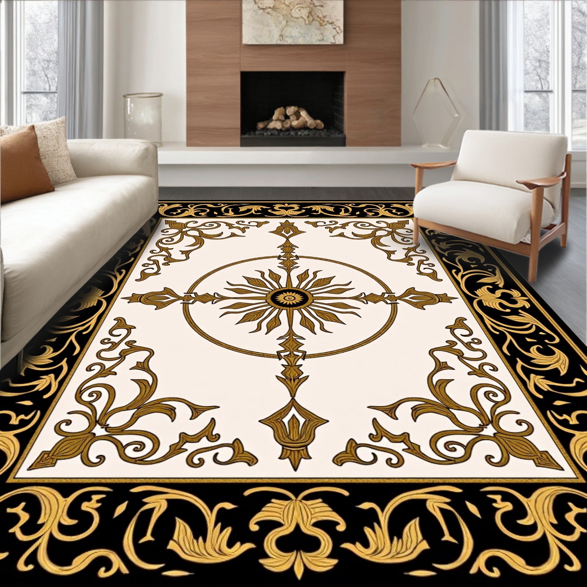 Black Gold Ornate Floral Centerpiece Rug