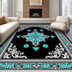 Turquoise Floral Medallion Black Rug
