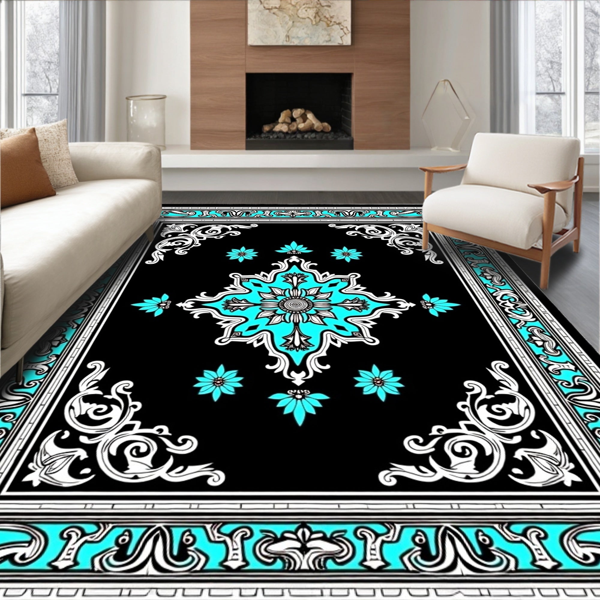 Turquoise Floral Medallion Black Rug