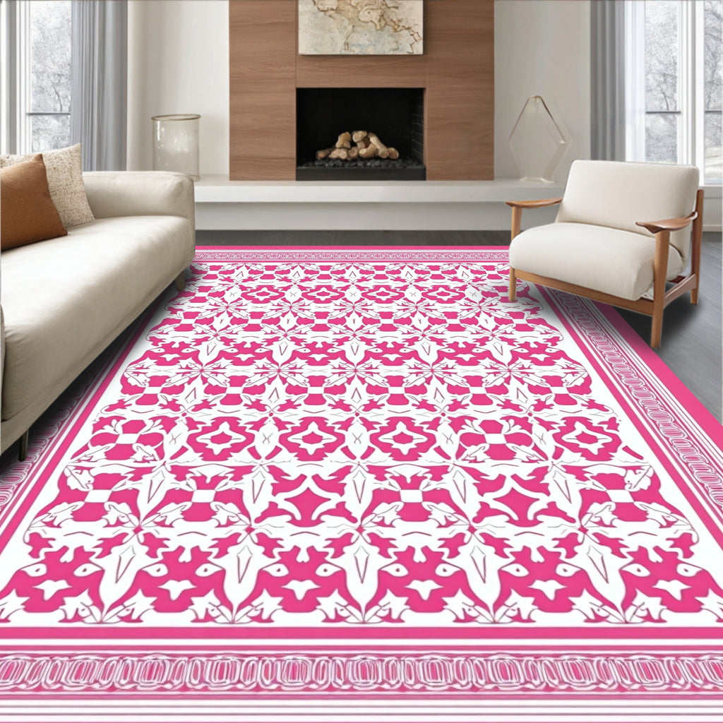 Vivid Coral Floral Medallion Border Rug