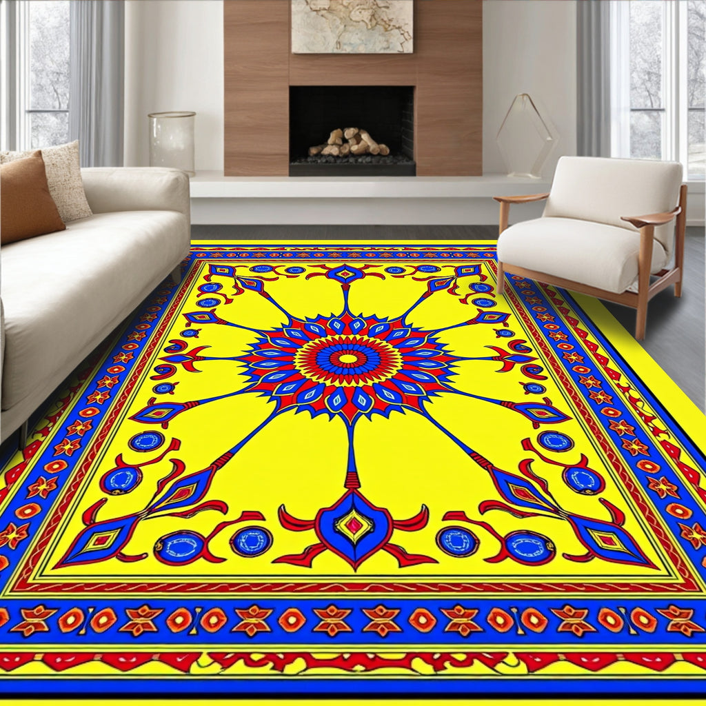 Vibrant Yellow Red Blue Sunburst Medallion Rug