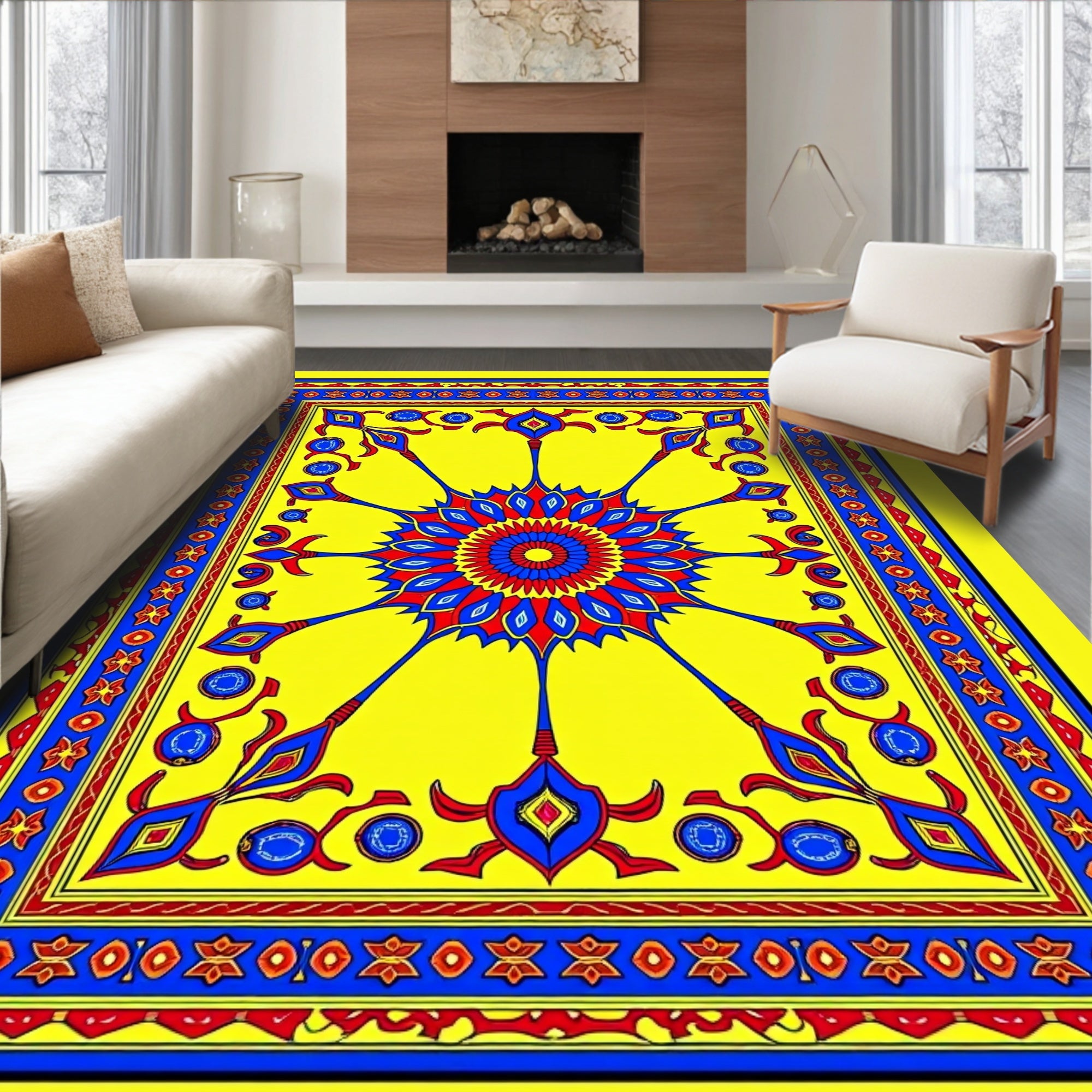 Vibrant Yellow Red Blue Sunburst Medallion Rug