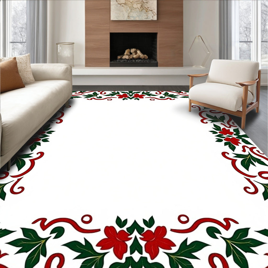 Crimson Red Holly Swirl Border Rug