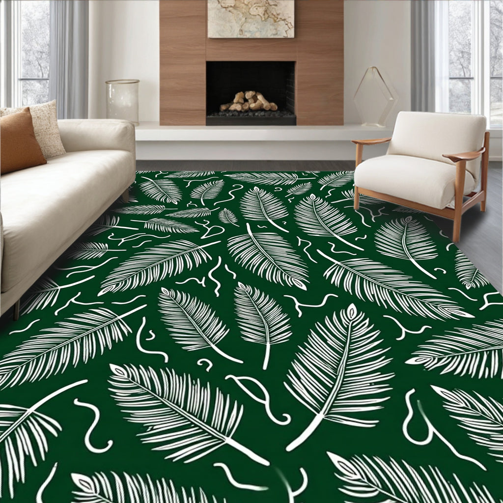 White Feather Leaf Fern Swirls Rug