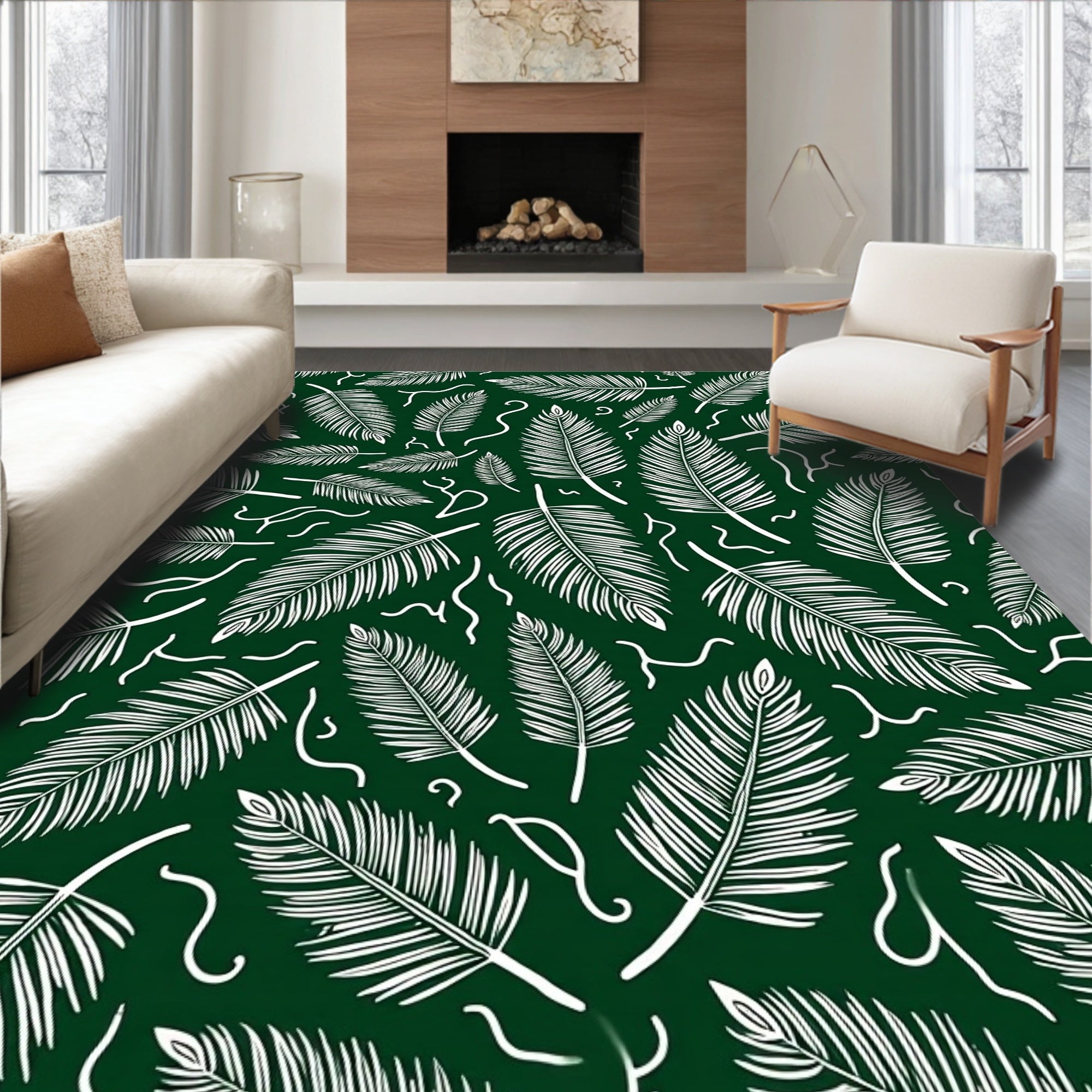 White Feather Leaf Fern Swirls Rug
